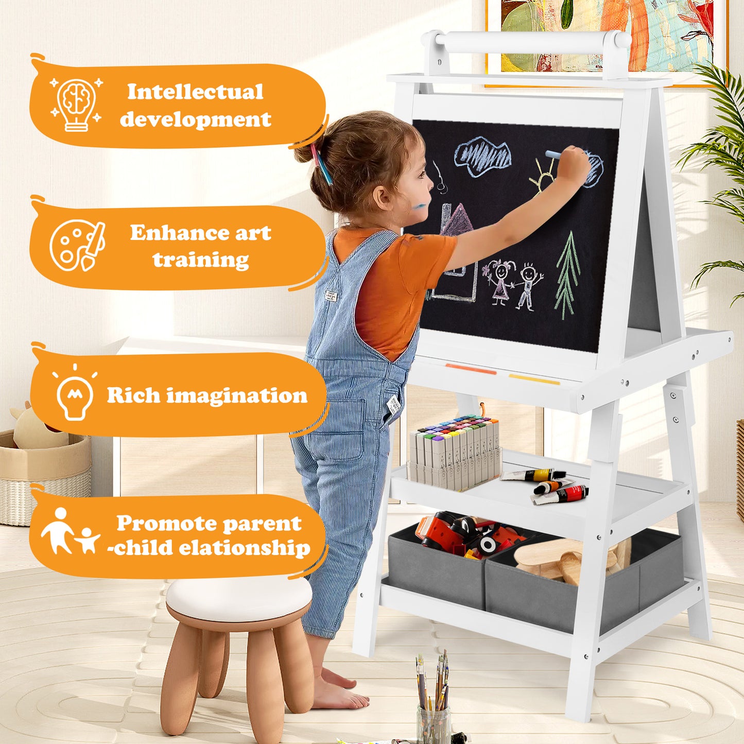 3 in 1 Kids Art Easel Double-Sided Magnetic Whiteboard Chalkboard Paper Roller, White