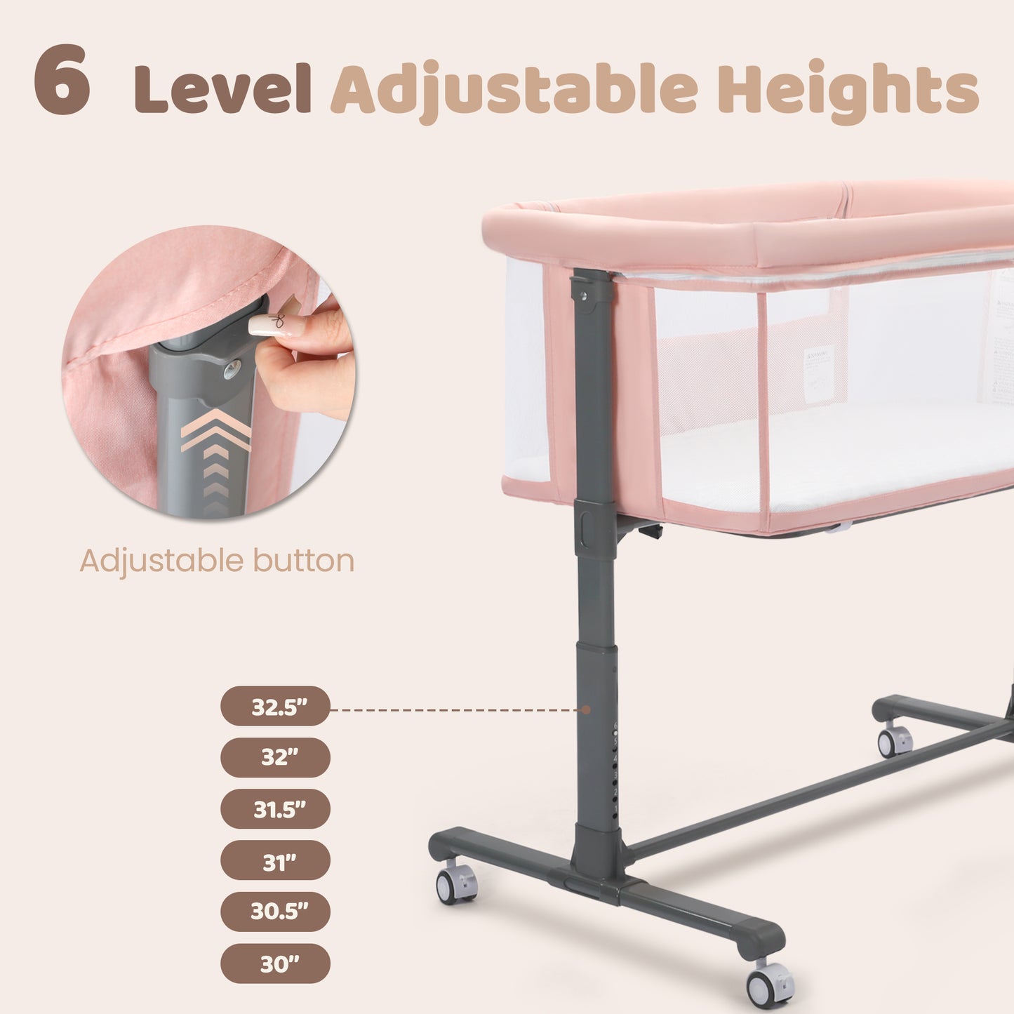 AILEEKISS Baby Bassinet Bedside Sleeper, Height Adjustable Newborn Baby Bassinet with Wheels, Pink
