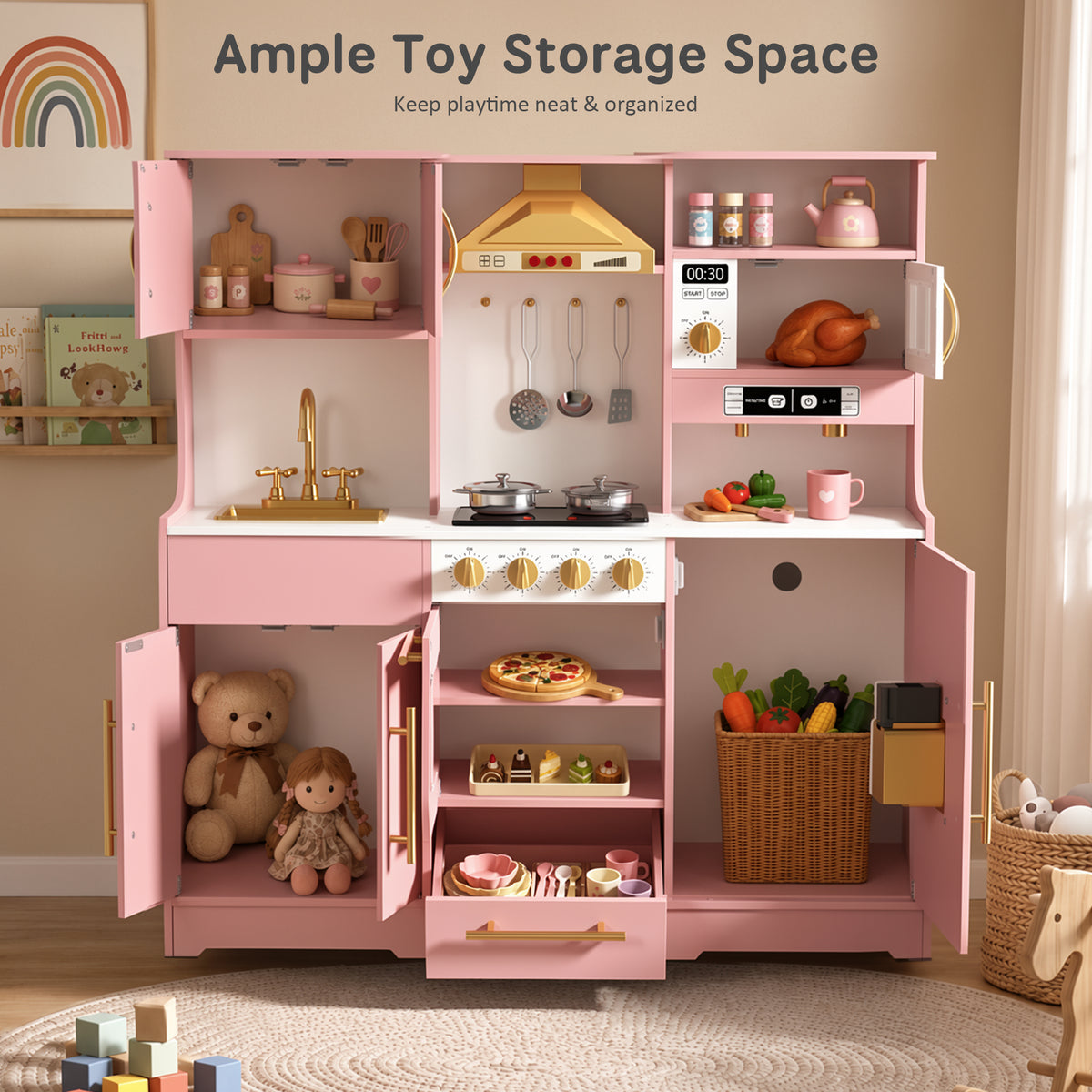 AILEEKISS Wood Kids Play Kitchen, Pretend Kitchen Playset for Children Age 3 Years up, Pink