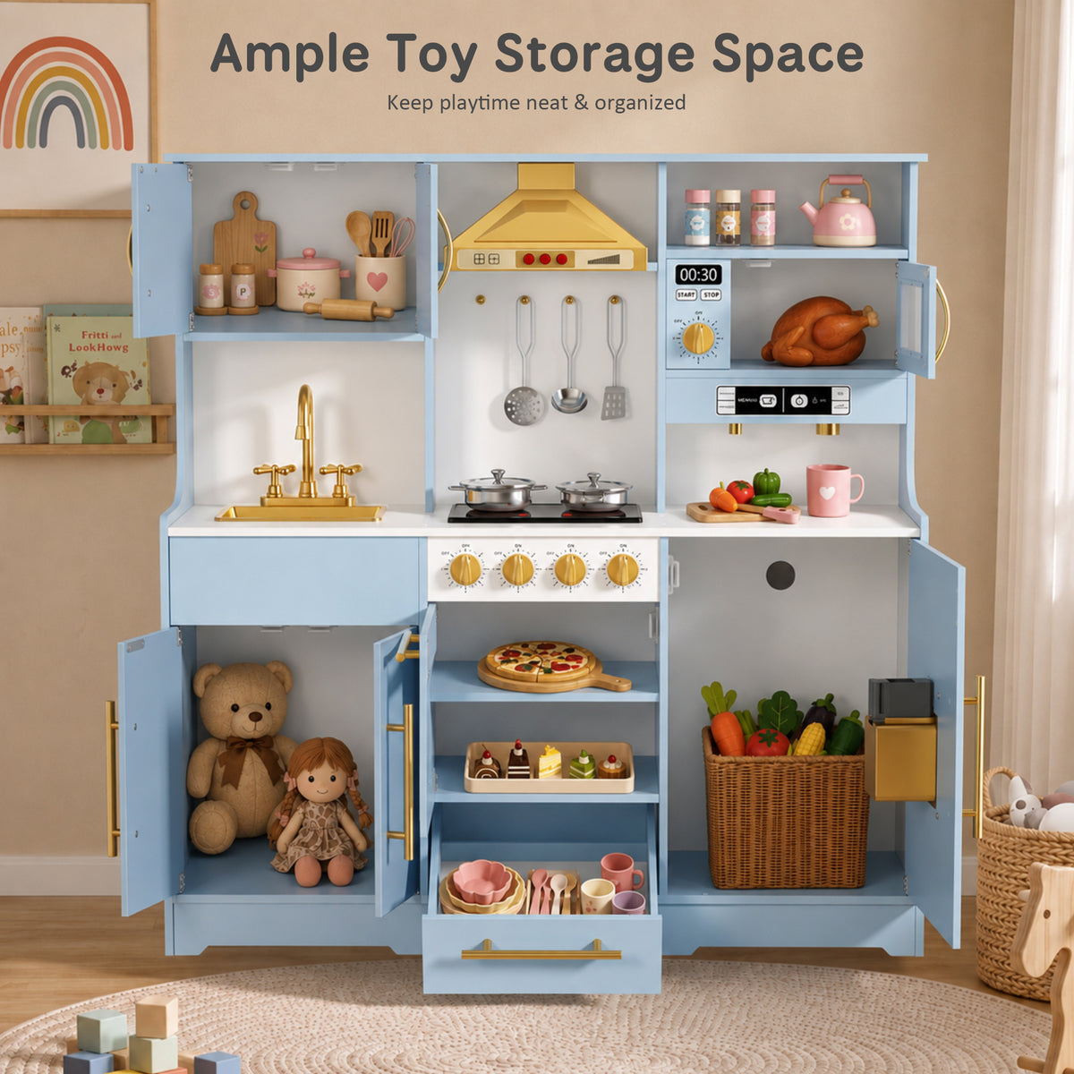 AILEEKISS Wood Kids Play Kitchen, Pretend Kitchen Playset for Children Age 3 Years up, Blue
