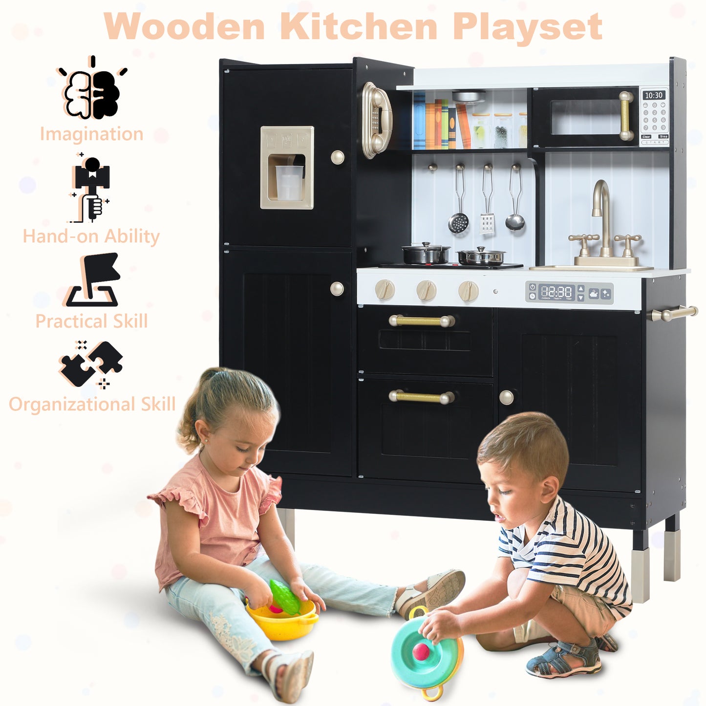 AILEEKISS Wood Kids Play Kitchen, Pretend Toy Kitchen Playset for Children with Sounds, Black