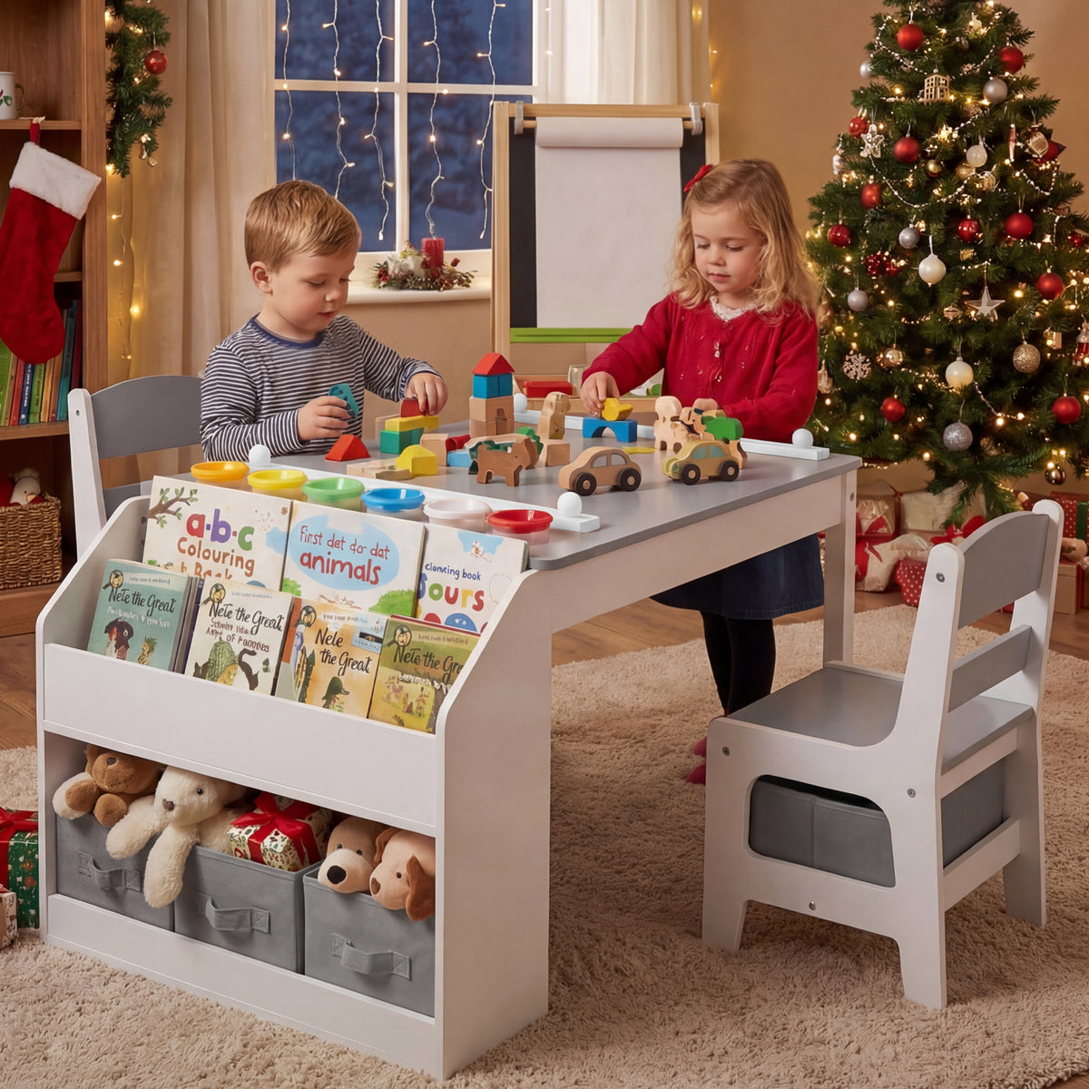 AILEEKISS Kids Table and Chair Set,Children Play Activity Desk for Drawing with 3 Drawers, Grey