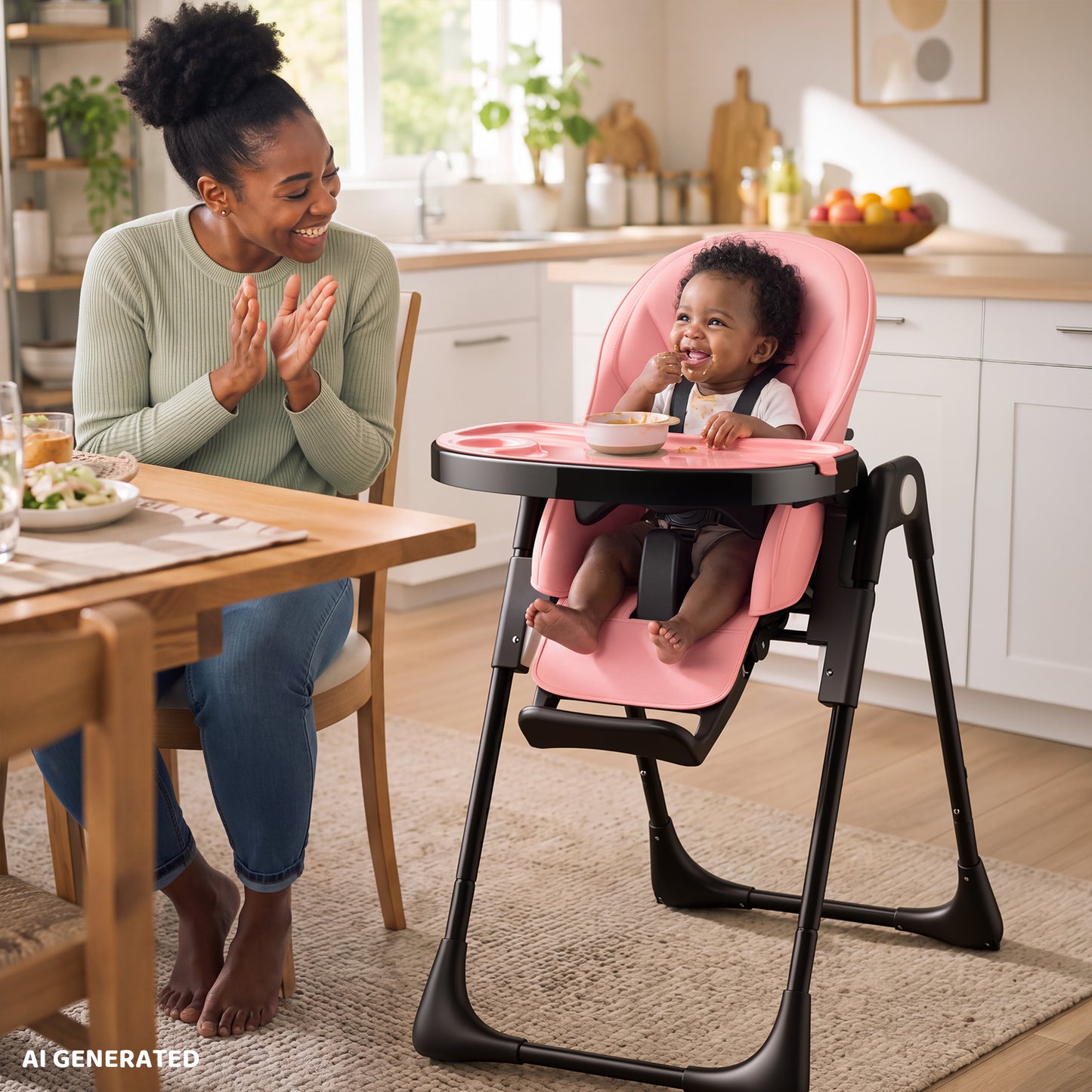 AILEEKISS Foldable High Chair for Baby, Toddler Eating Chair with Detachable Double Trays, Black Pink