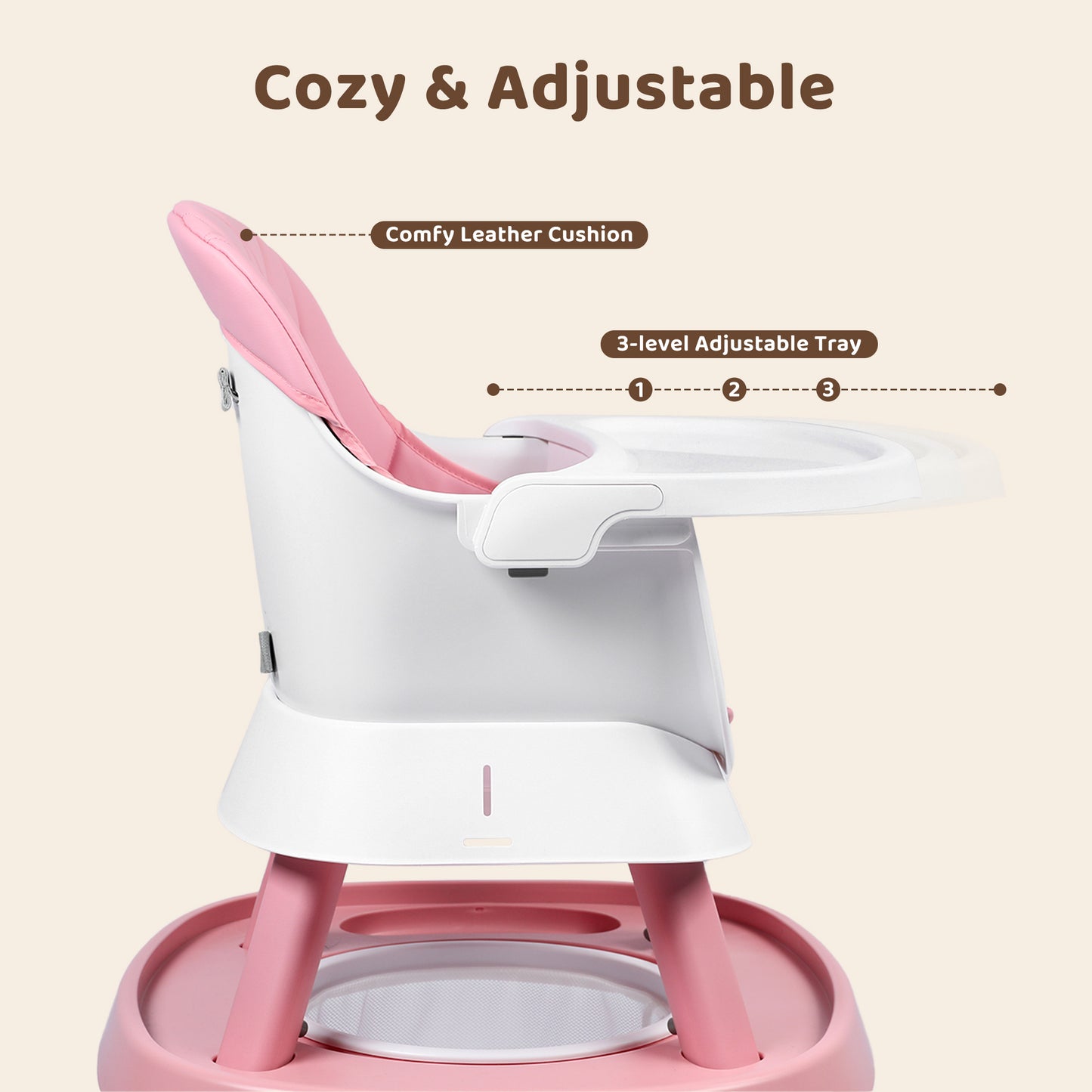 AILEEKISS 15 in 1 Baby High Chair, Toddler Dining Booster Seat w/Activity Center, Pink