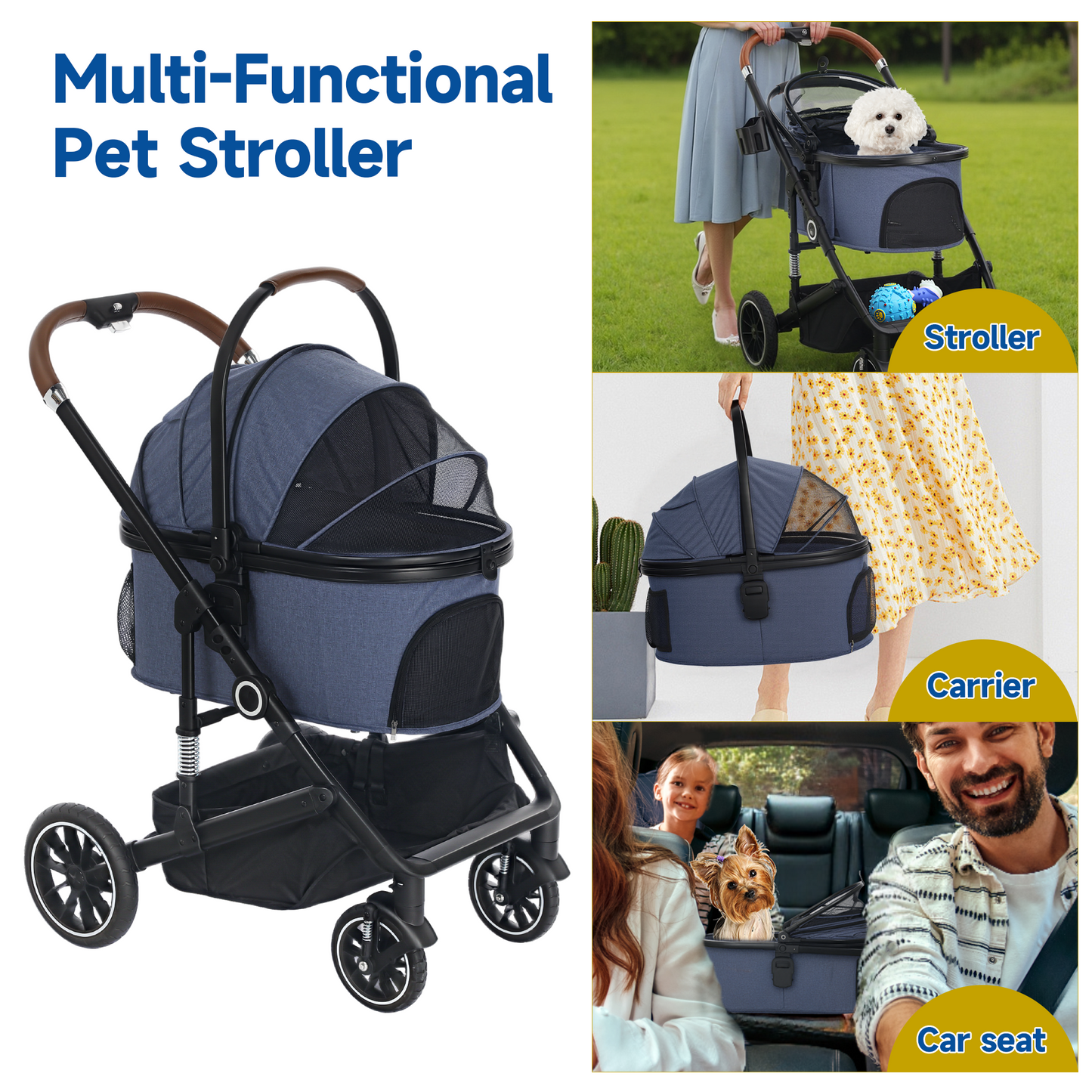 AILEEKISS 4-Wheeled Pet Stroller, Folding Cat and Dog Stroller with Brake, Up to 58 LBS, Blue
