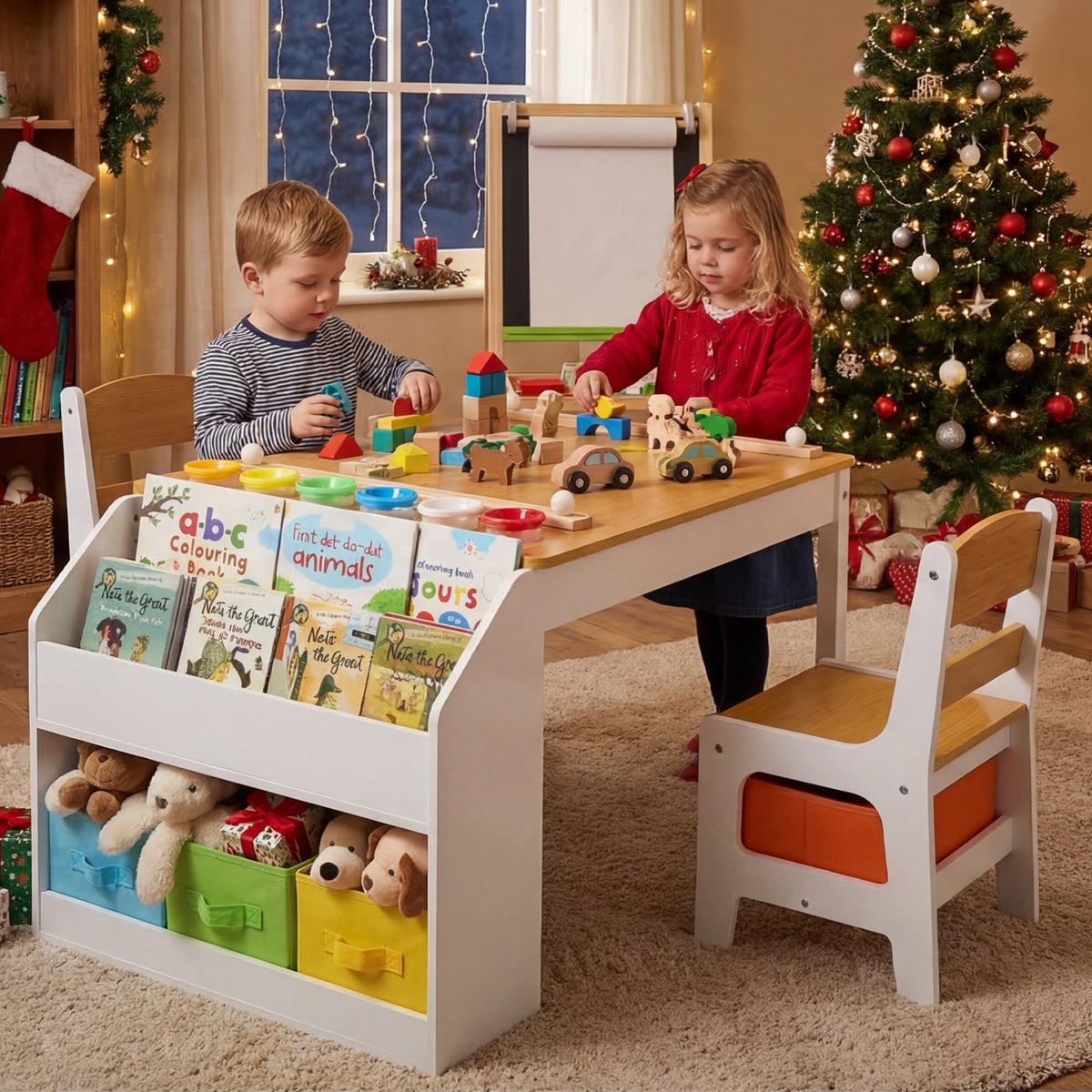 AILEEKISS Kids Table and Chair Set,Children Play Activity Desk for Drawing with 3 Drawers, Natural