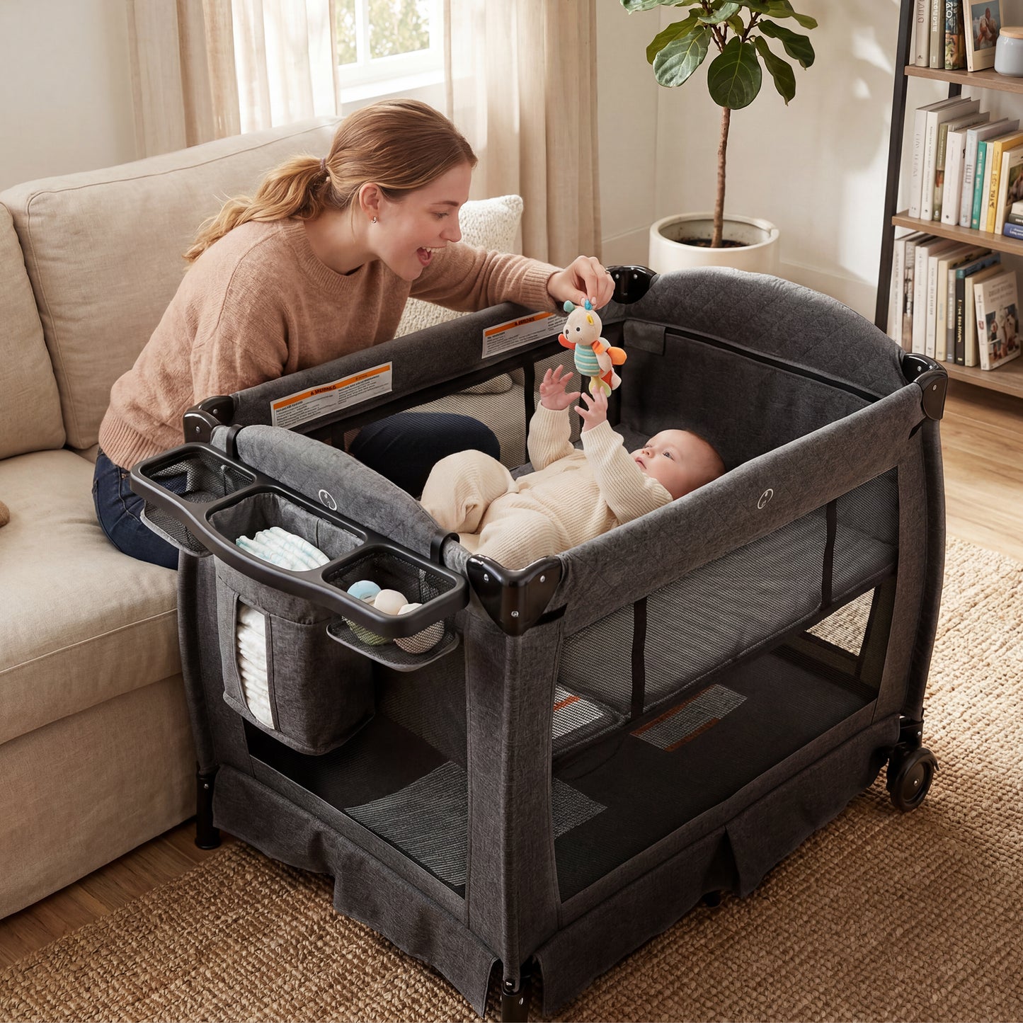 AILEEKISS 3-in-1 Foldable Baby Playard with Bassinet and Changing Table for Newborn, Dark Grey