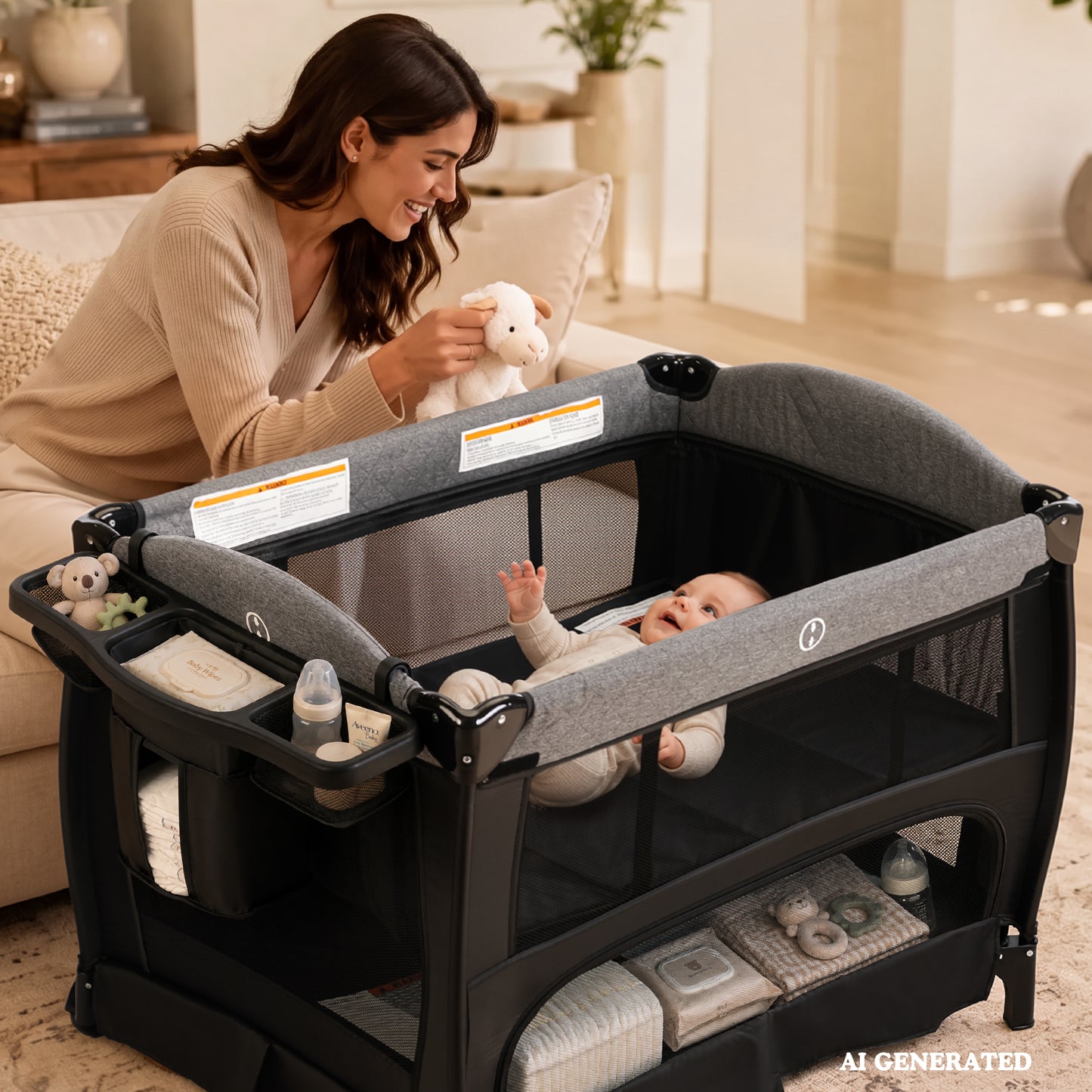 AILEEKISS 3-in-1 Baby Playard with Changing Table & Toy Bar, Portable Pack and Play for Newborn, Grey