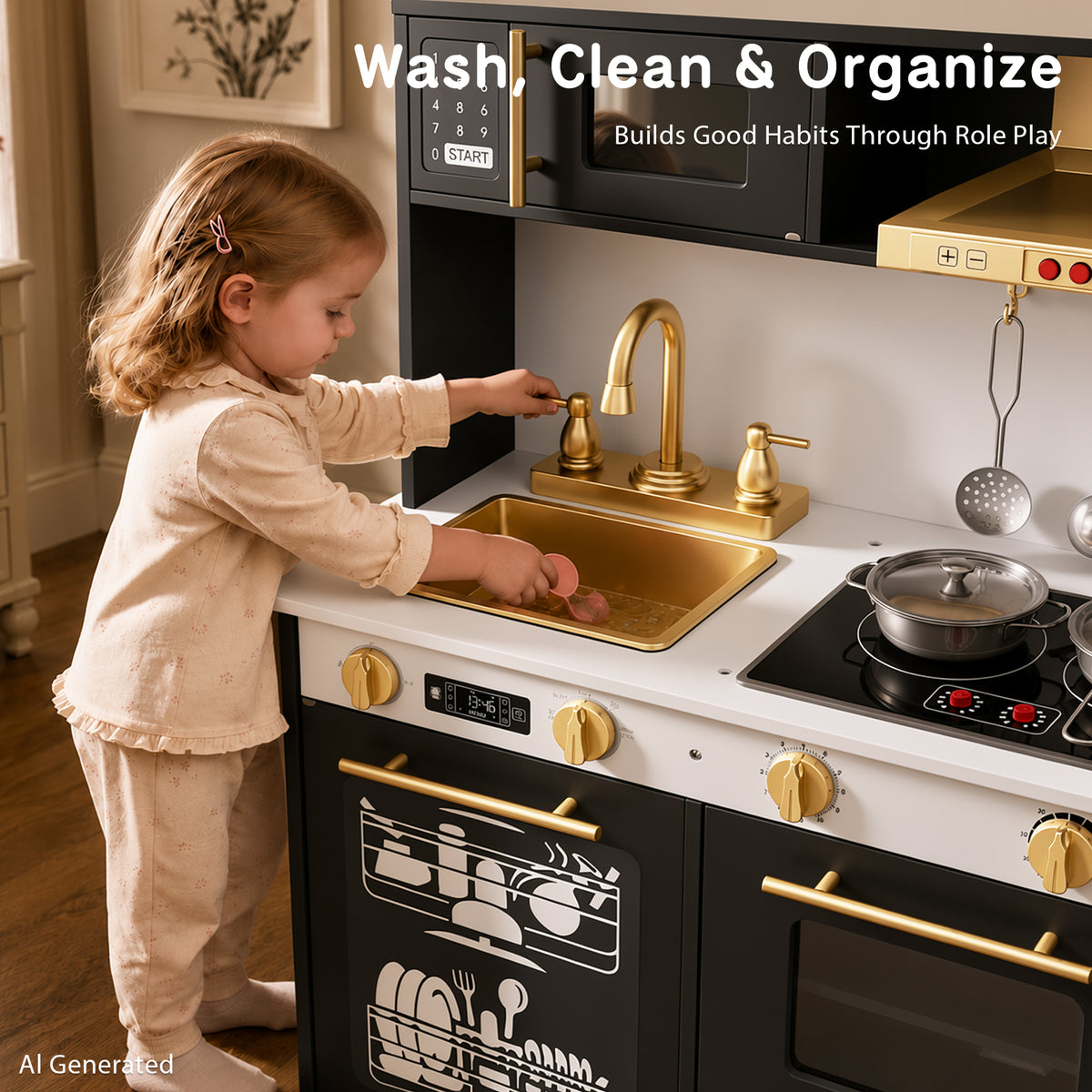 AILEEKISS Kids Toy Kitchen for Children, Pretend Kids Play Kitchen Set with Cooking Accessories, Black