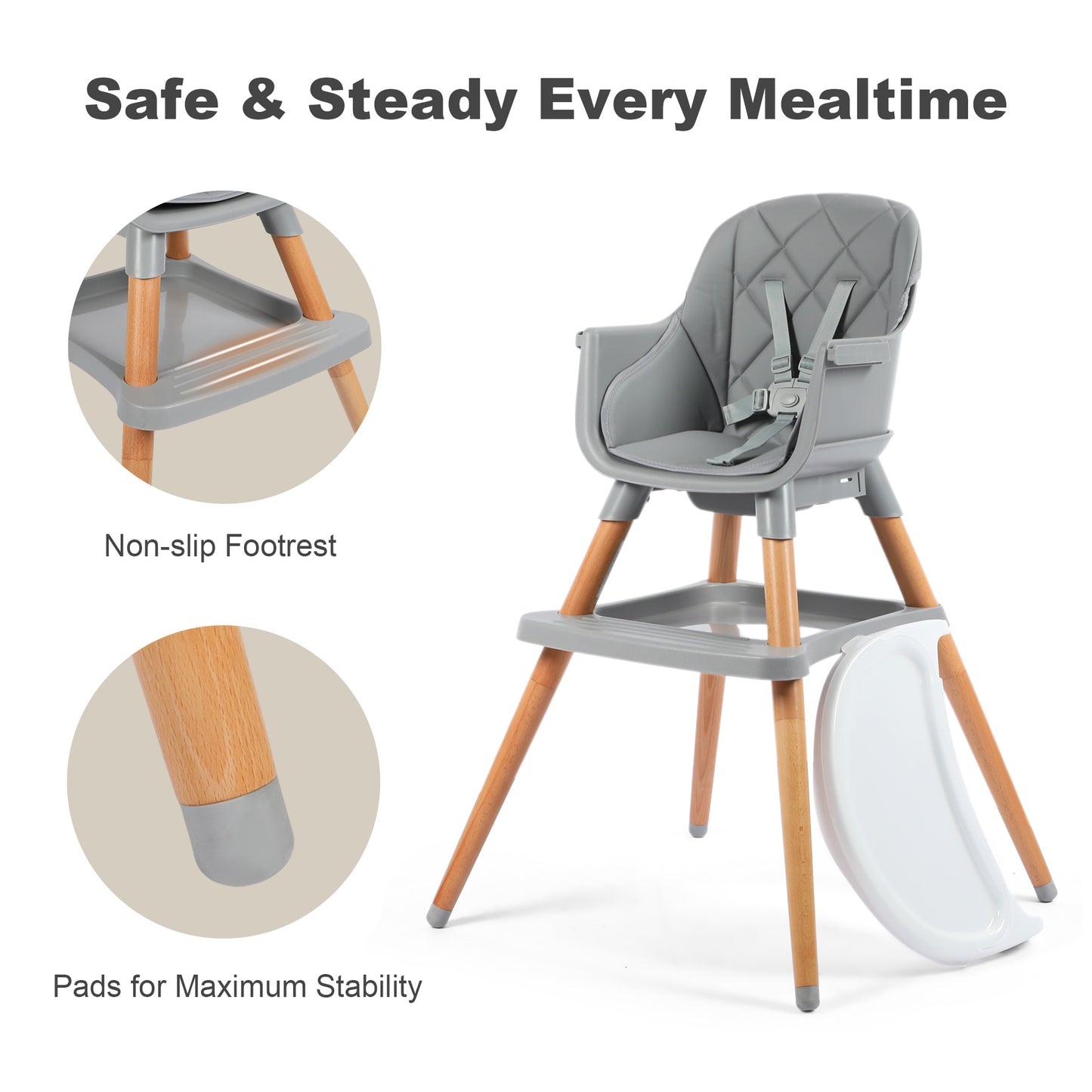 AILEEKISS 7 in 1 Wooden Baby High Chair Infant Feeding Chair with Removable Tray