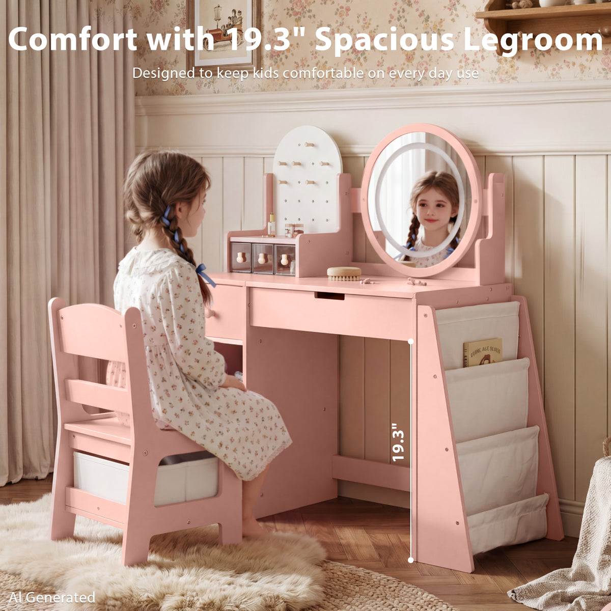 AILEEKISS Vanity Table Set with Drawers, Pretend Play Makeup Table with Storage Shelf, Pink