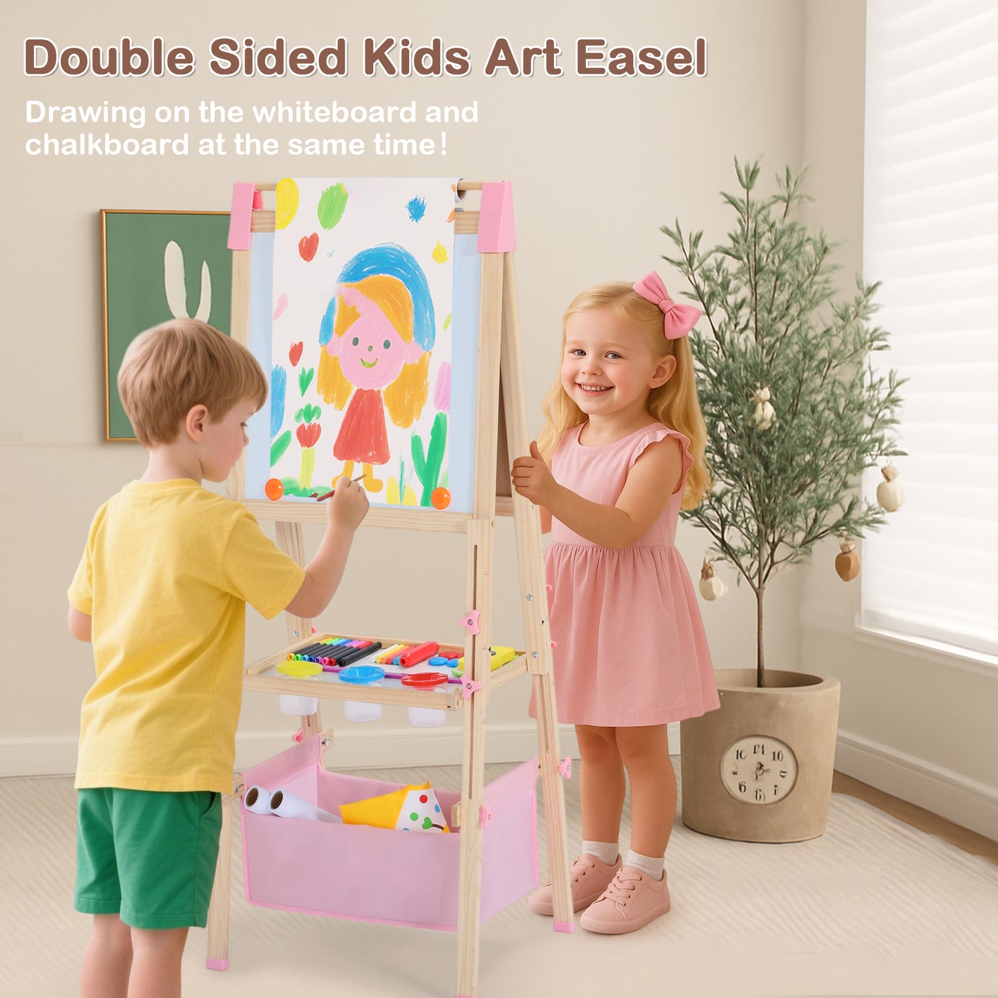 LINLUX Double-Sided Art Easel for Kids, 3 in 1 Wooden Kids Easel w/Paper Roller & Art Supplies, Pink