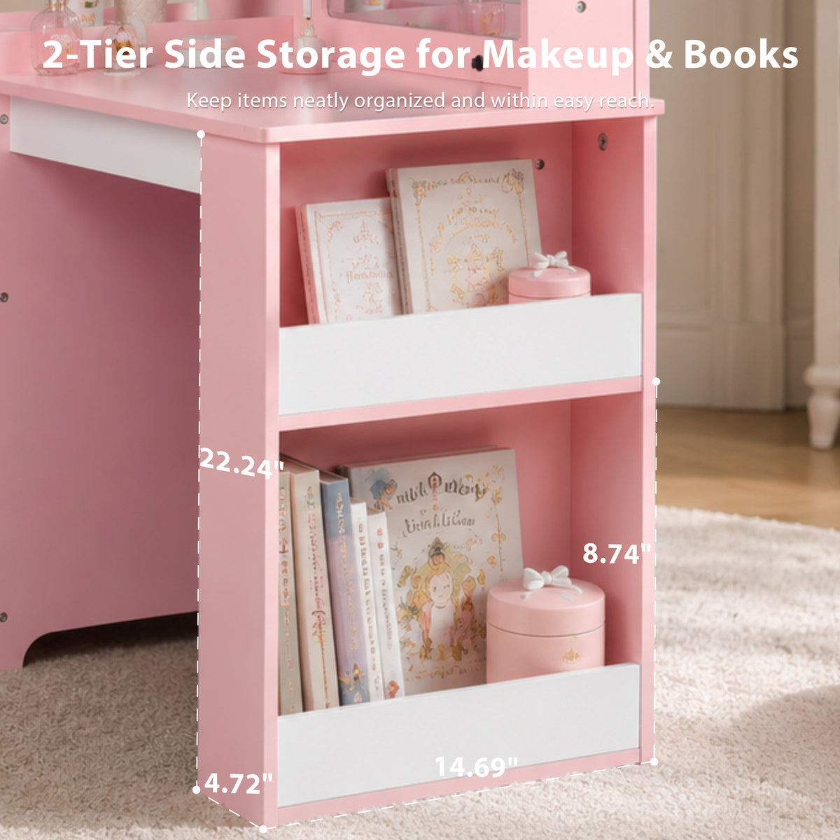 AILEEKISS Kids Vanity Set with Stool, Pretend Play Makeup Table with Jewelry Storage, Pink