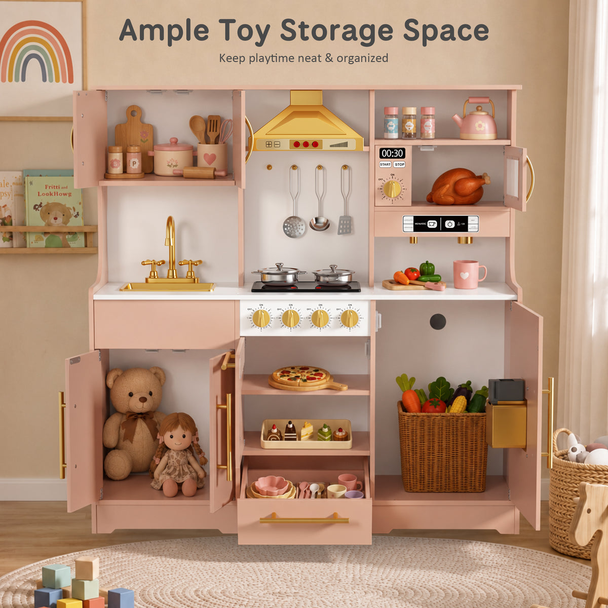 AILEEKISS Wood Kids Play Kitchen, Pretend Kitchen Playset for Children Age 3 Years up, Orange
