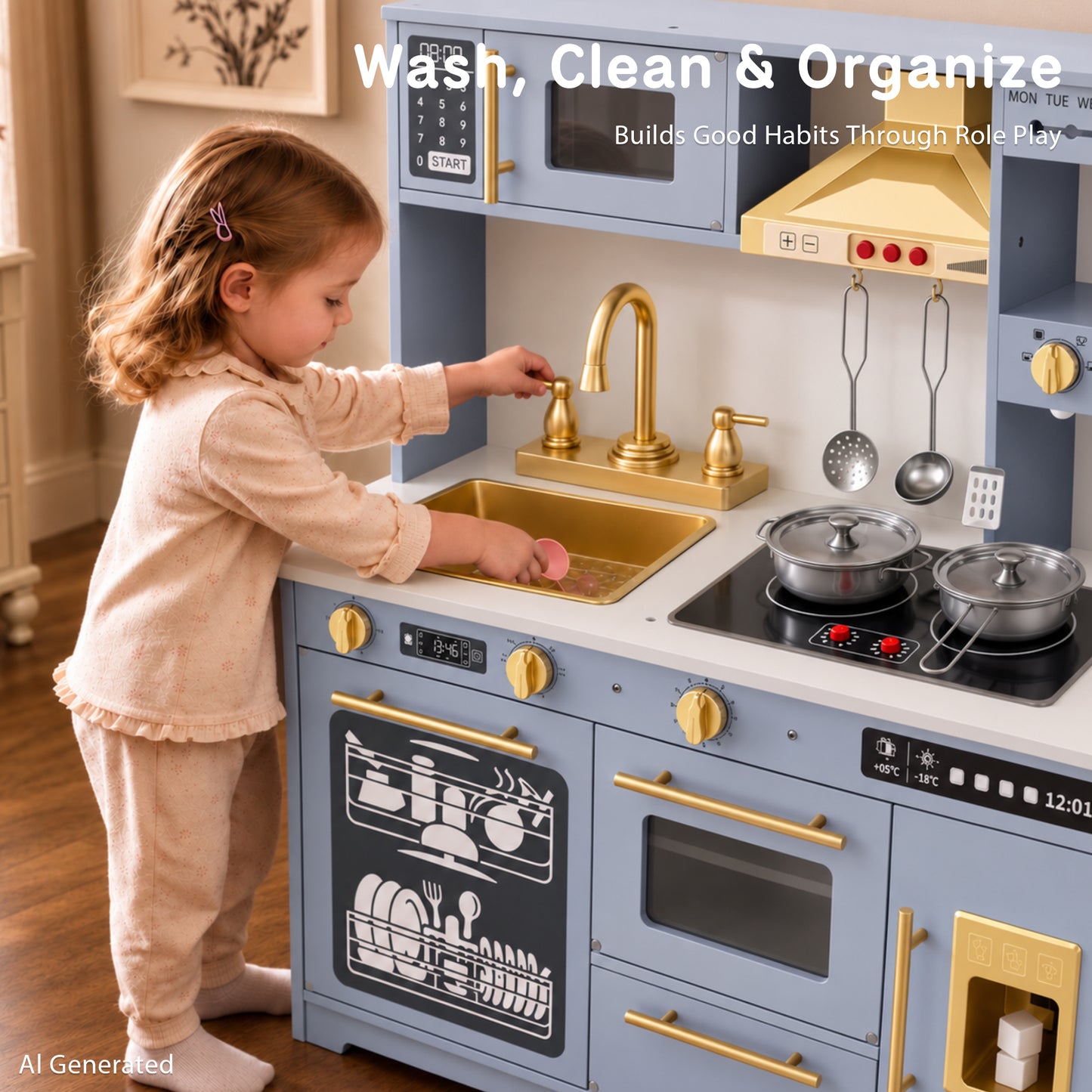 AILEEKISS Kids Toy Kitchen for Children, Pretend Kids Play Kitchen Set with Cooking Accessories, Blue