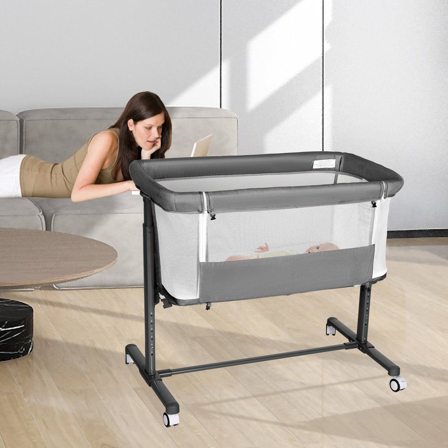 Baby Bassinet Bedside Sleeper, Height Adjustable Newborn Baby Bassinet with Wheels, Grey