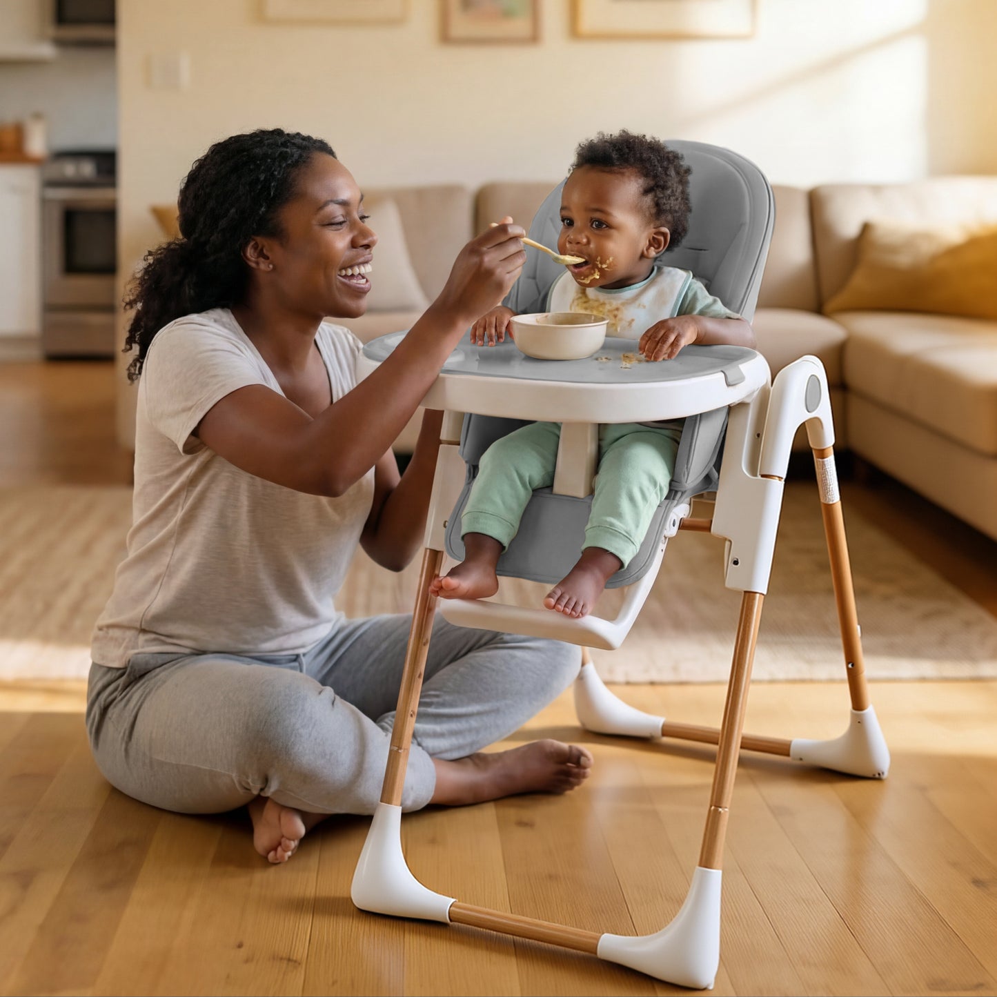 AILEEKISS Foldable High Chair for Baby, Toddler Eating Chair with Detachable Double Trays, Natural Grey