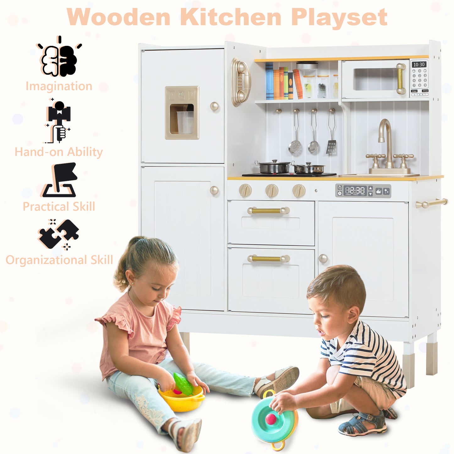 AILEEKISS Wood Kids Play Kitchen, Pretend Toy Kitchen Playset for Children with Sounds, White