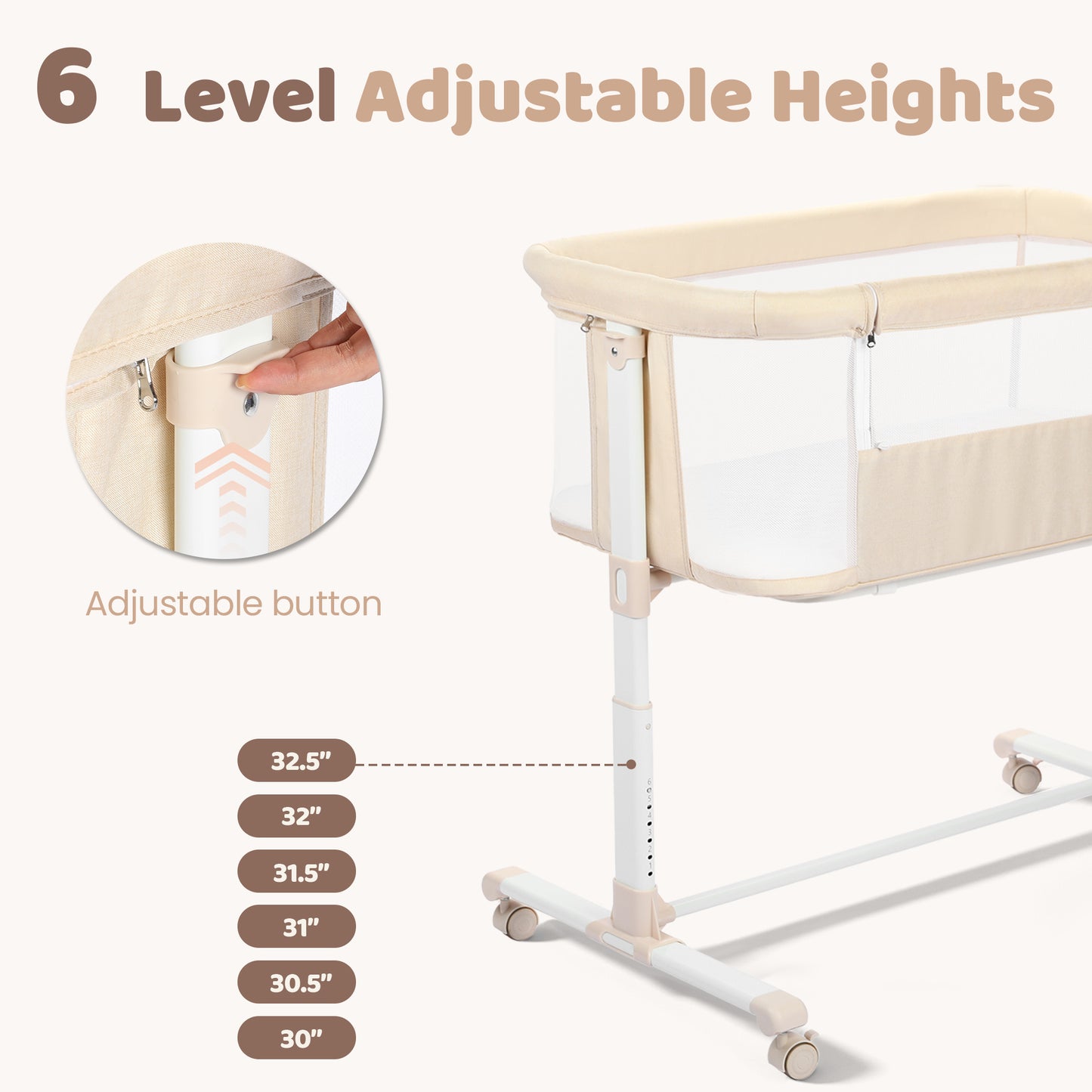 AILEEKISS Baby Bassinet Bedside Sleeper, Height Adjustable Newborn Baby Bassinet with Wheels, Beige
