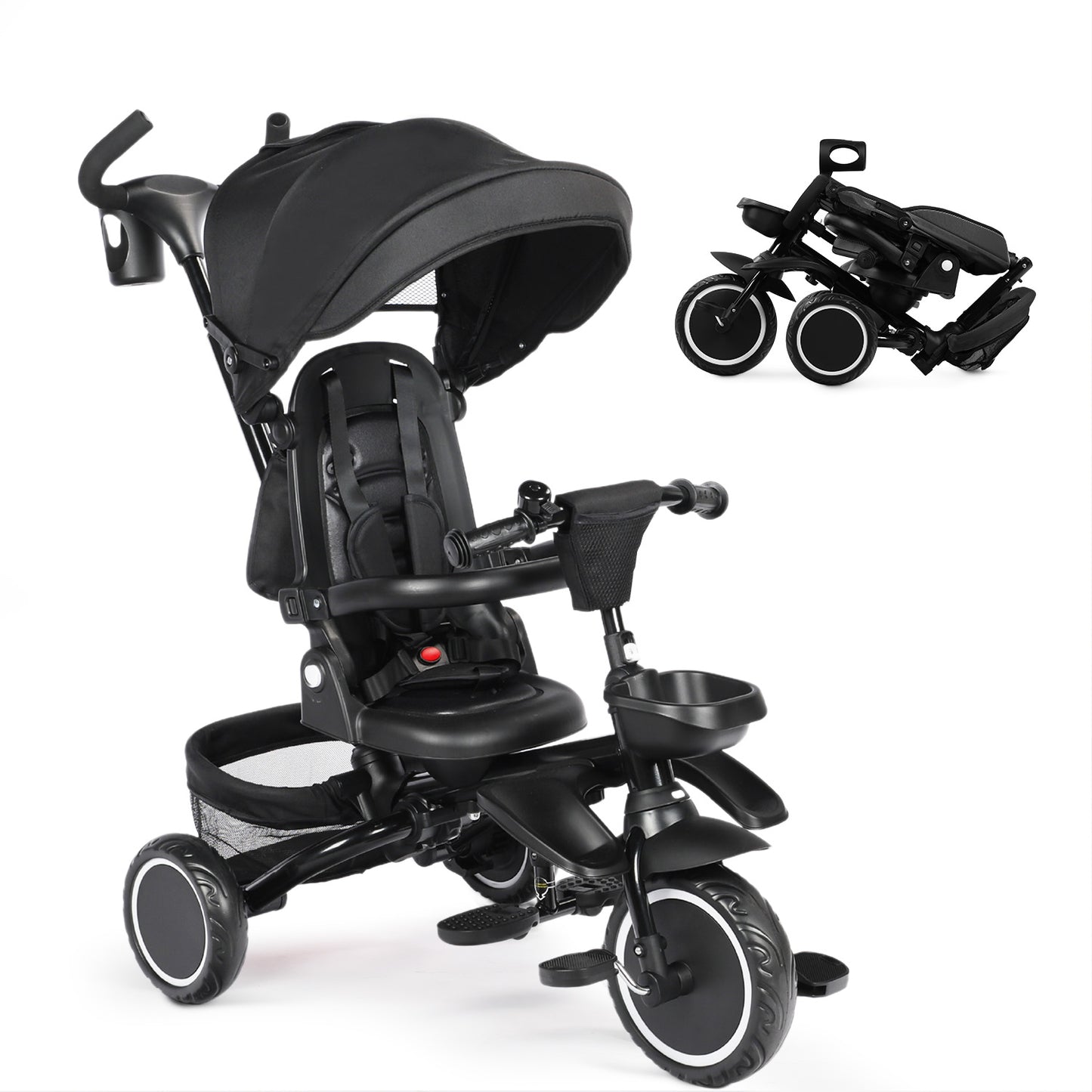 8-in-1 Kids' Tricycle Stroller, Folding Toddler Bicycle Unisex Ride Trike 1-6 Years, Black