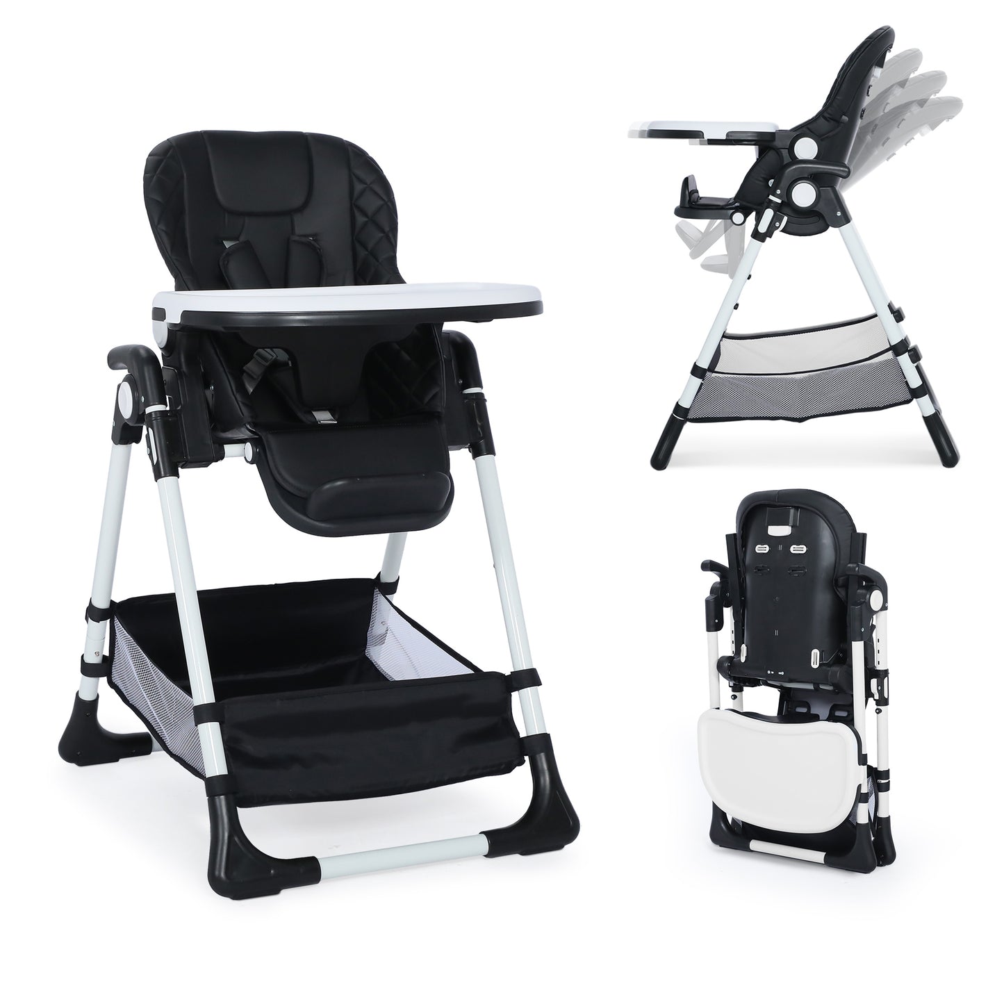 AILEEKISS Foldable Baby High Chair with Wheels, Adjustable Recline Toddler Eating Chair, Black