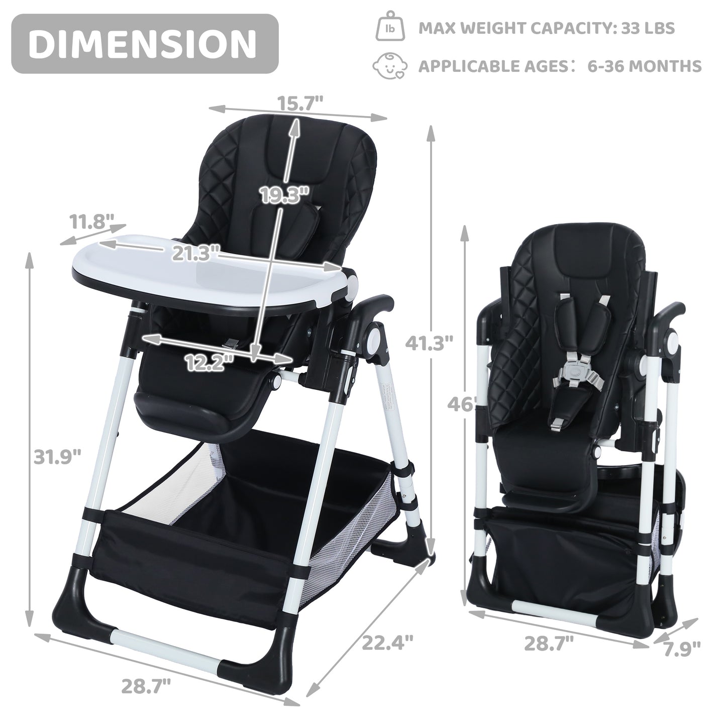 AILEEKISS Foldable Baby High Chair with Wheels, Adjustable Recline Toddler Eating Chair, Black