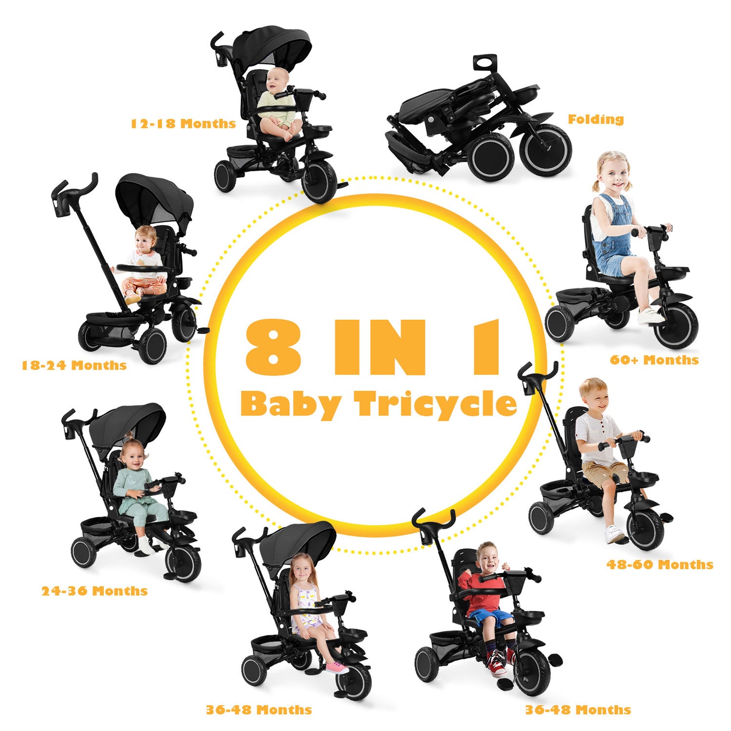 8-in-1 Kids' Tricycle Stroller, Folding Toddler Bicycle Unisex Ride Trike 1-6 Years, Black