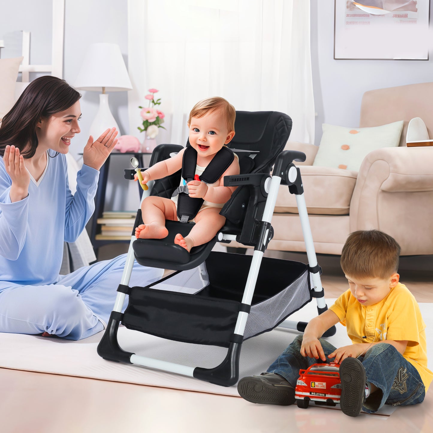 AILEEKISS Foldable Baby High Chair with Wheels, Adjustable Recline Toddler Eating Chair, Black