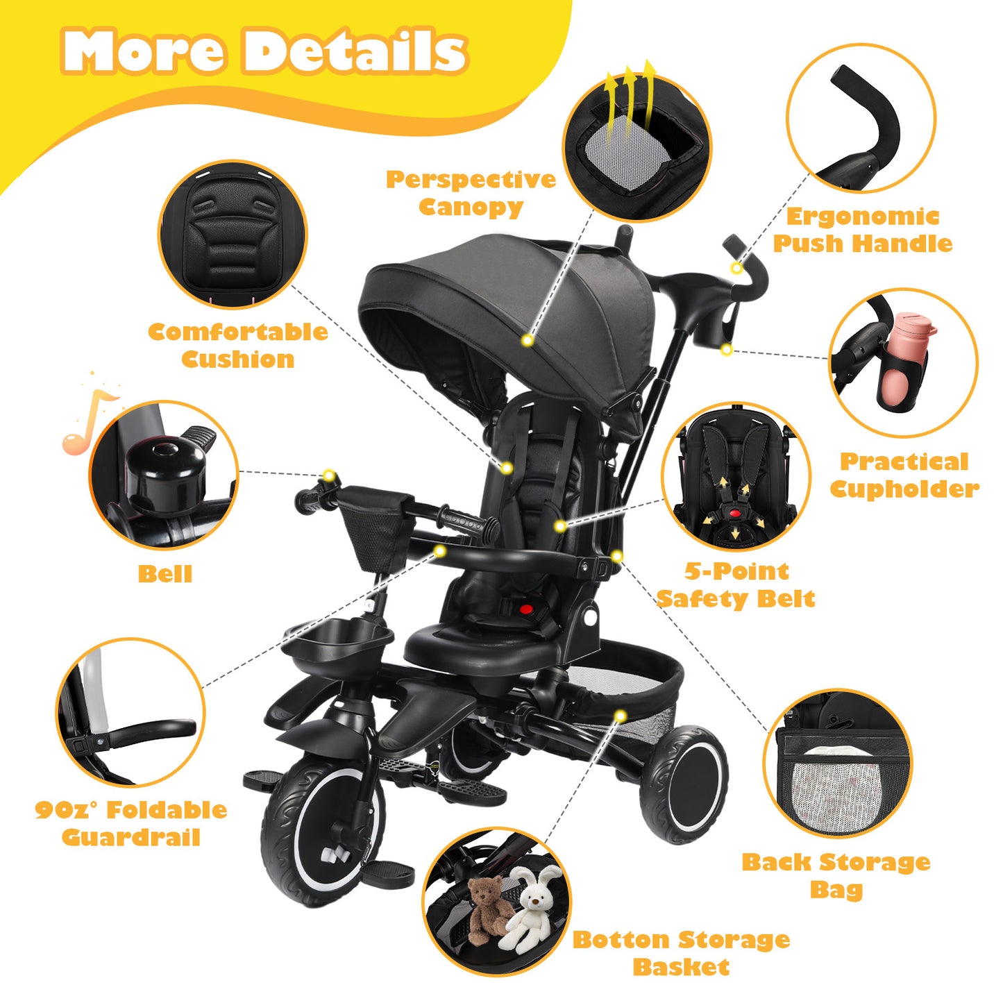 8-in-1 Kids' Tricycle Stroller, Folding Toddler Bicycle Unisex Ride Trike 1-6 Years, Black