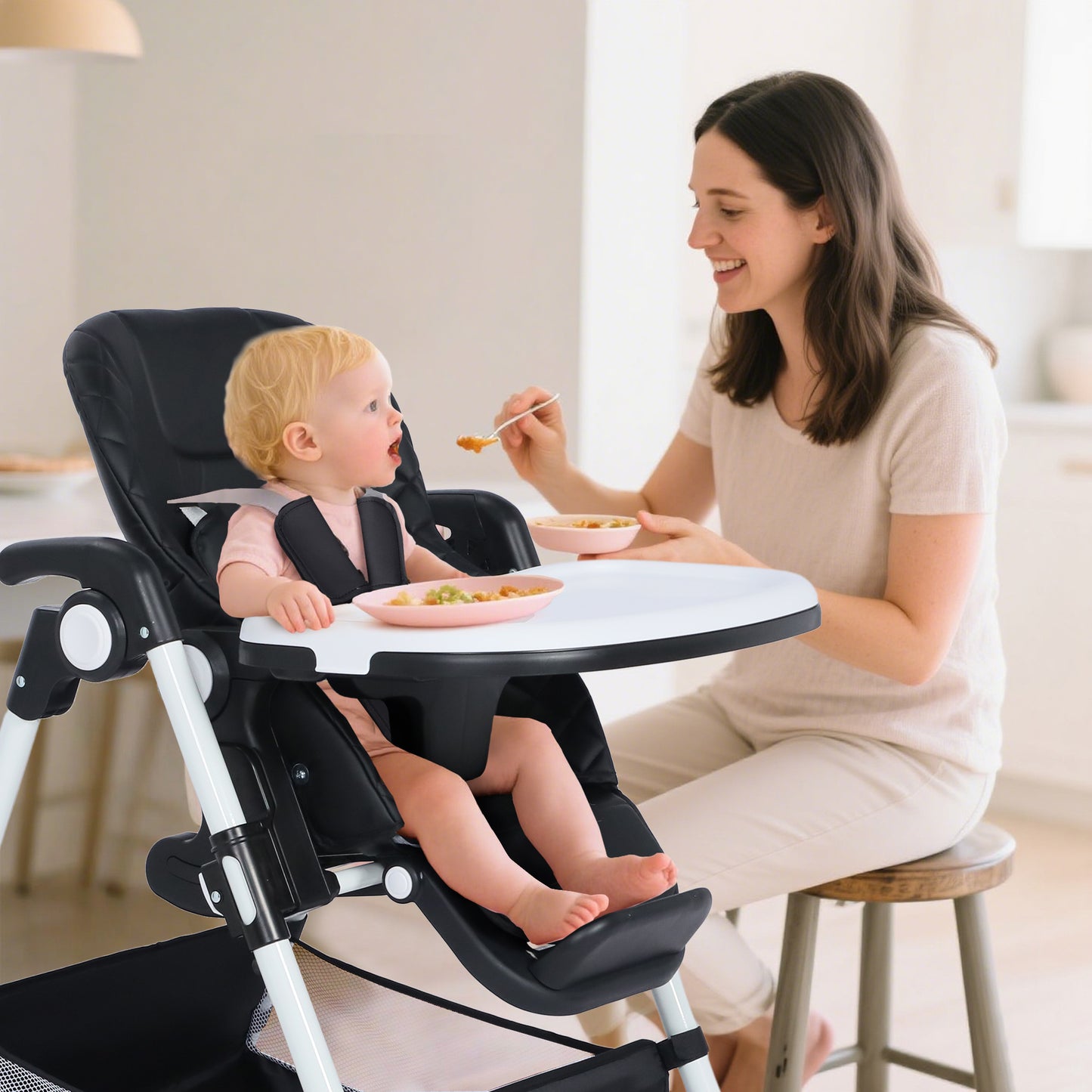 AILEEKISS Foldable Baby High Chair with Wheels, Adjustable Recline Toddler Eating Chair, Black