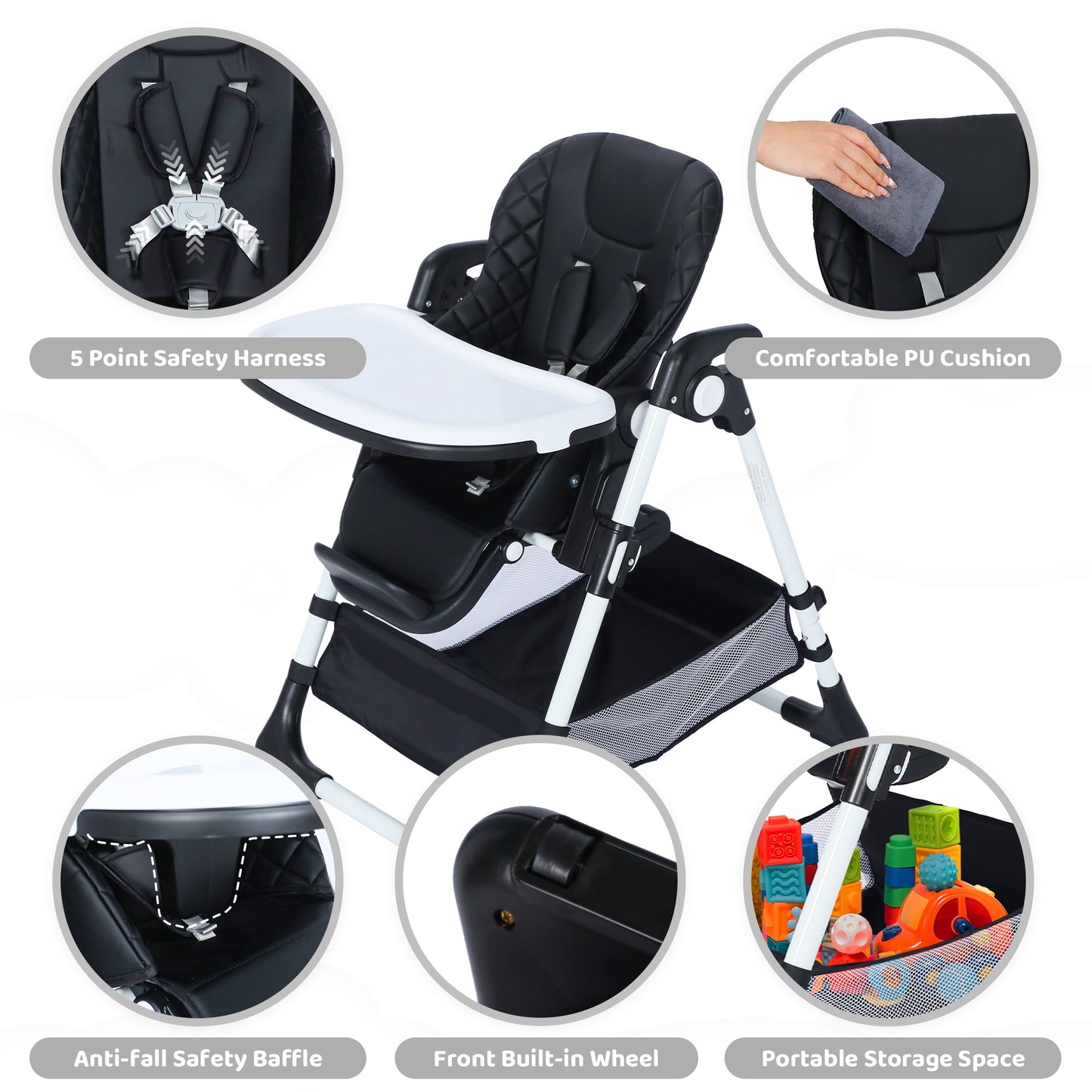 AILEEKISS Foldable Baby High Chair with Wheels, Adjustable Recline Toddler Eating Chair, Black