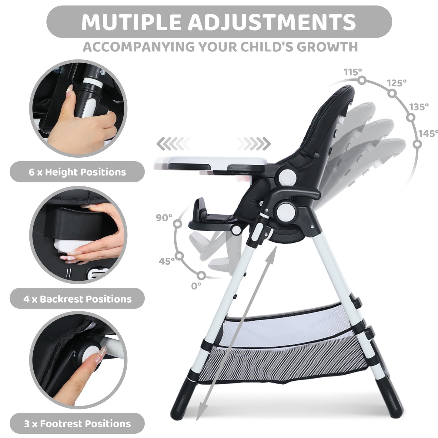 AILEEKISS Foldable Baby High Chair with Wheels, Adjustable Recline Toddler Eating Chair, Black