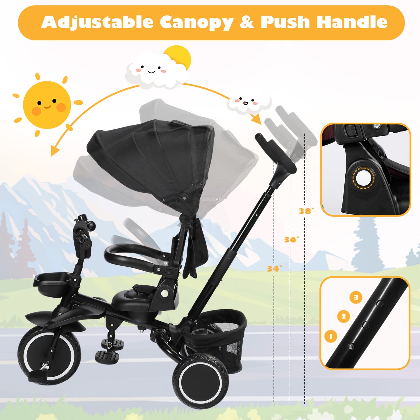 8-in-1 Kids' Tricycle Stroller, Folding Toddler Bicycle Unisex Ride Trike 1-6 Years, Black