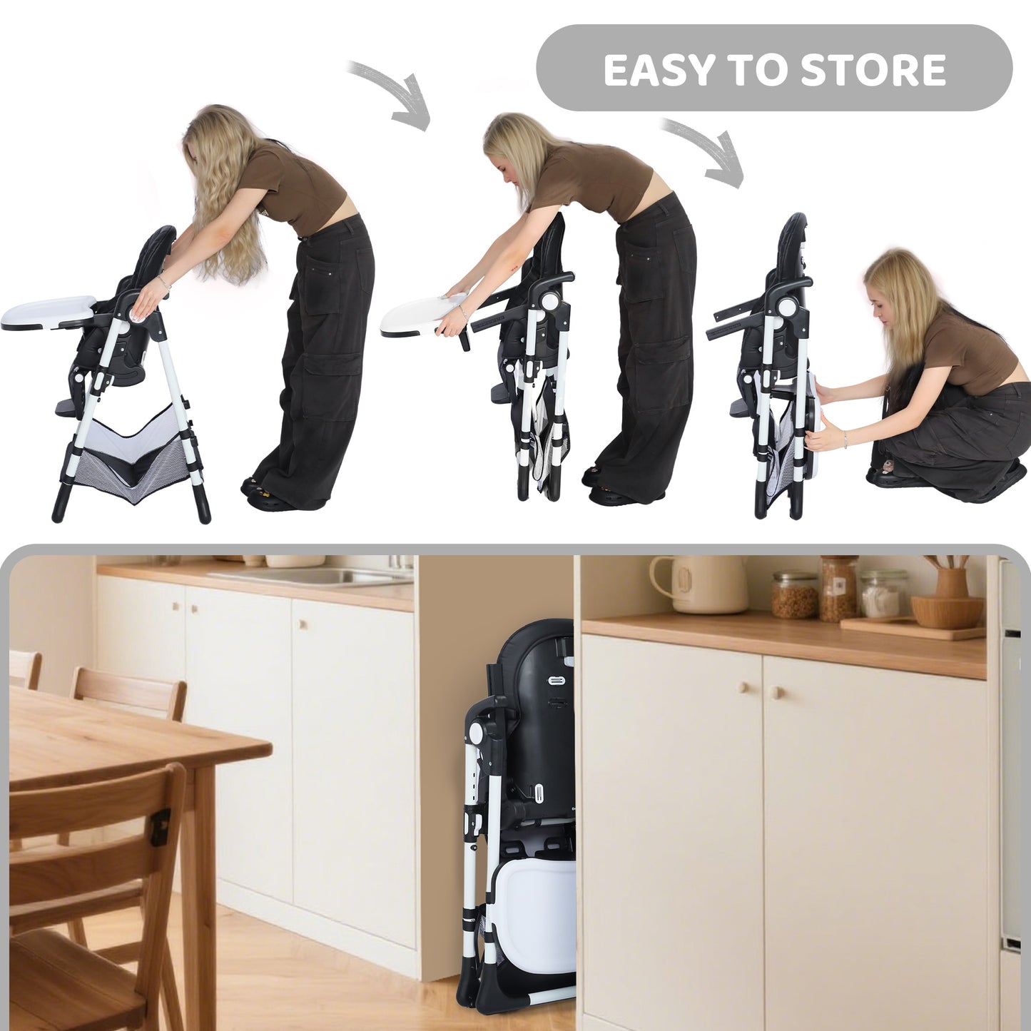AILEEKISS Foldable Baby High Chair with Wheels, Adjustable Recline Toddler Eating Chair, Black