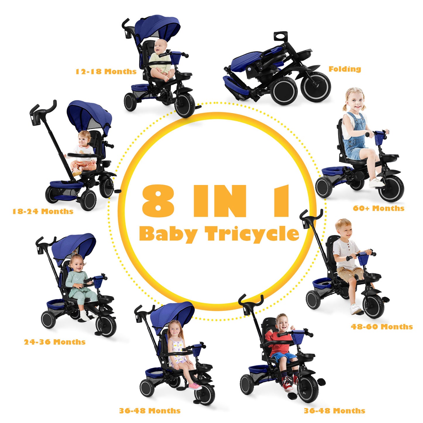 8-in-1 Kids' Tricycle Stroller, Folding Toddler Bicycle Unisex Ride Trike 1-6 Years, Blue