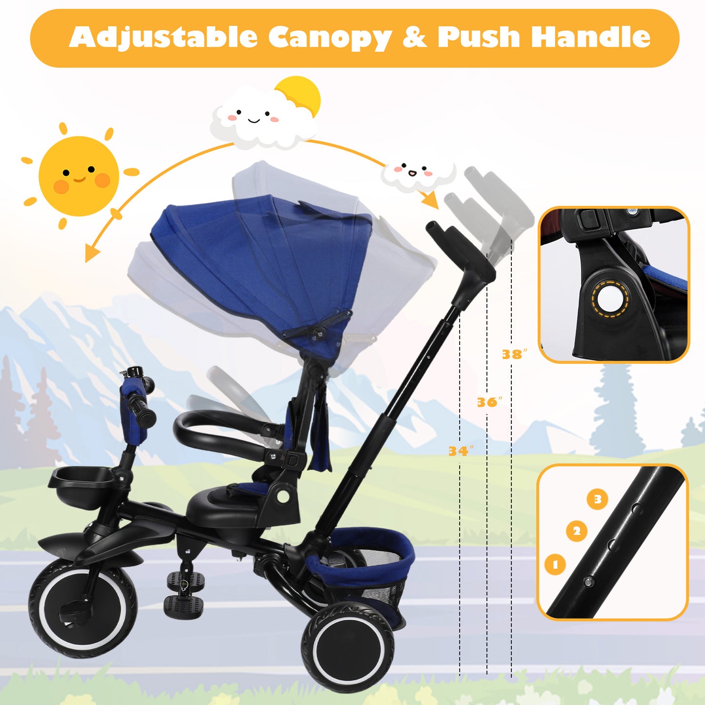 8-in-1 Kids' Tricycle Stroller, Folding Toddler Bicycle Unisex Ride Trike 1-6 Years, Blue