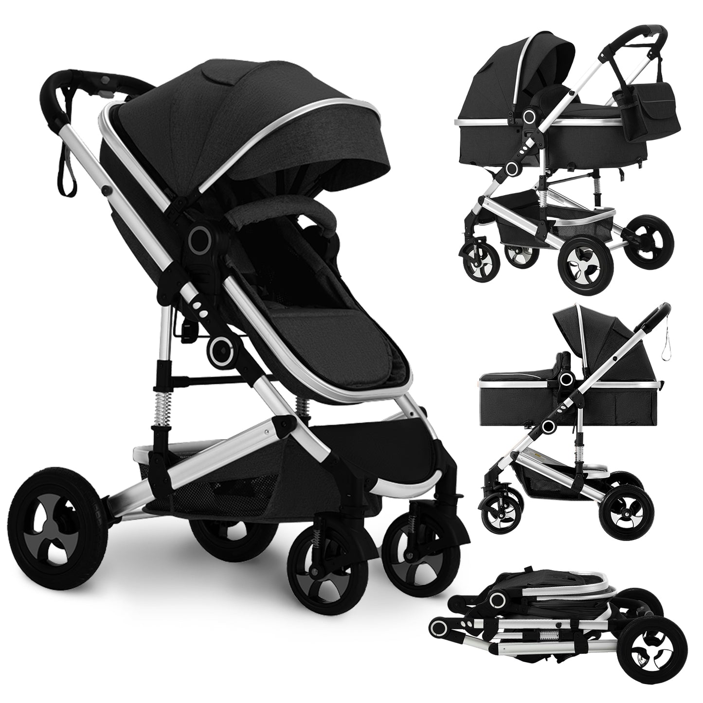 LINLUX 3 in 1 Baby Stroller w/ Diaper Bag & Big Wheel, Infant Pushchair, 23 Pounds, Black
