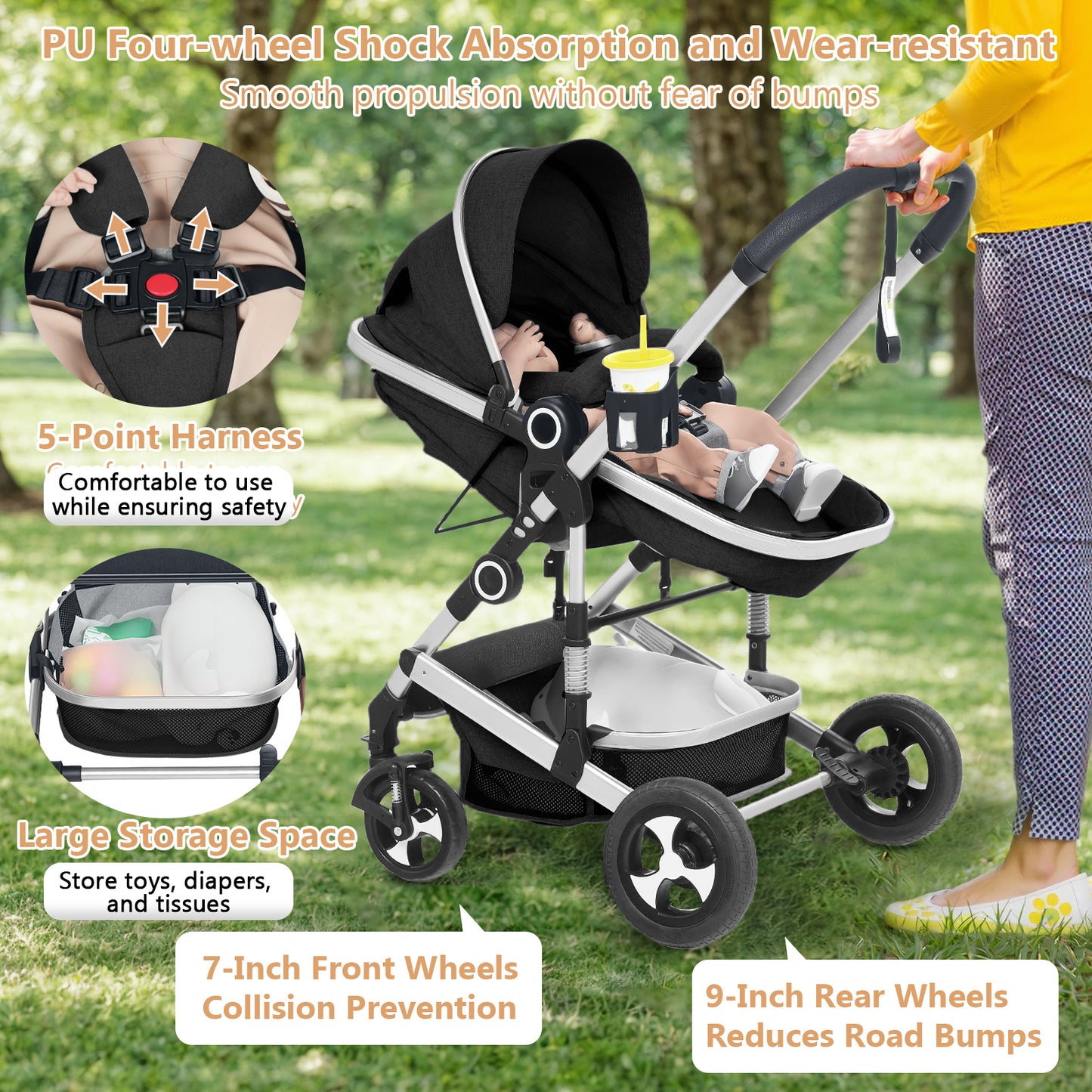 LINLUX 3 in 1 Baby Stroller w/ Diaper Bag & Big Wheel, Infant Pushchair, 23 Pounds, Black