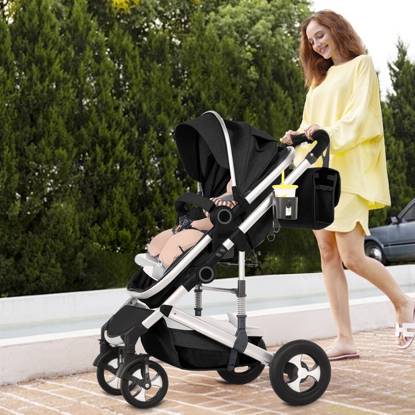 LINLUX 3 in 1 Baby Stroller w/ Diaper Bag & Big Wheel, Infant Pushchair, 23 Pounds, Black