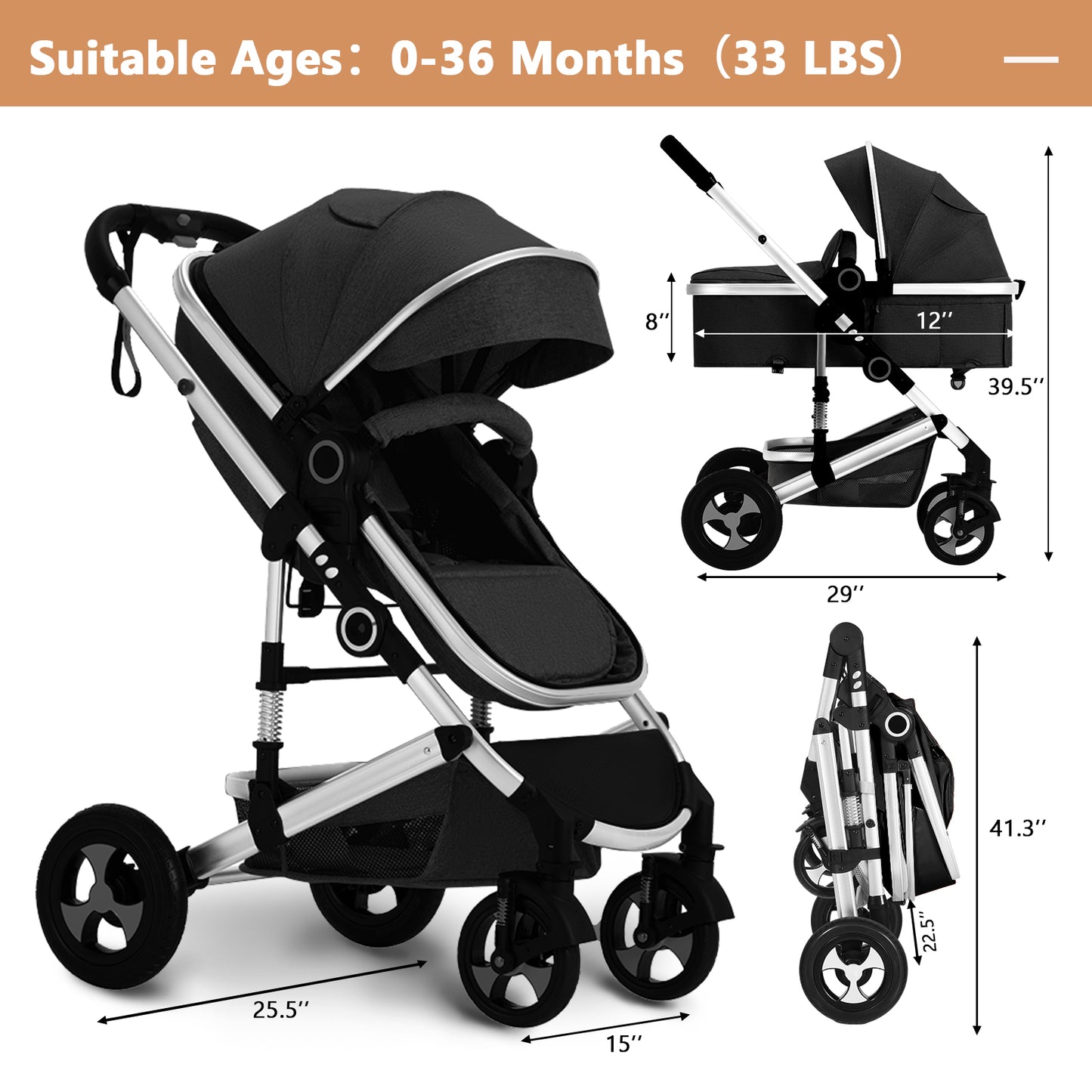 LINLUX 3 in 1 Baby Stroller w/ Diaper Bag & Big Wheel, Infant Pushchair, 23 Pounds, Black
