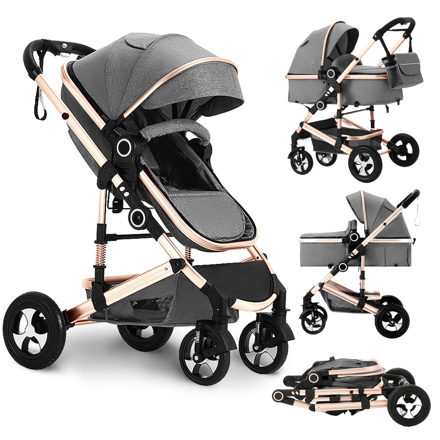 LINLUX 3 in 1 Baby Stroller w/ Diaper Bag & Big Wheel, Infant Pushchair, 23 Pounds, Rose Gold
