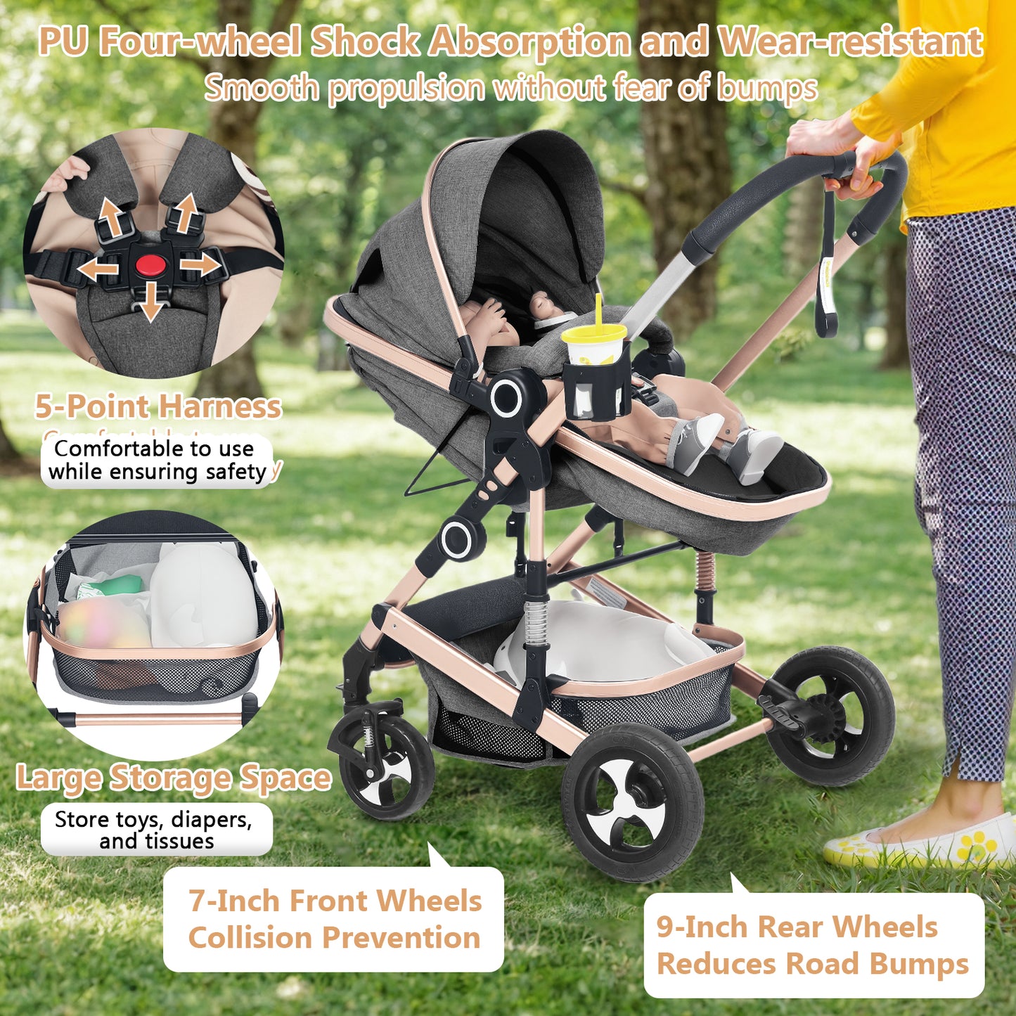 LINLUX 3 in 1 Baby Stroller w/ Diaper Bag & Big Wheel, Infant Pushchair, 23 Pounds, Rose Gold