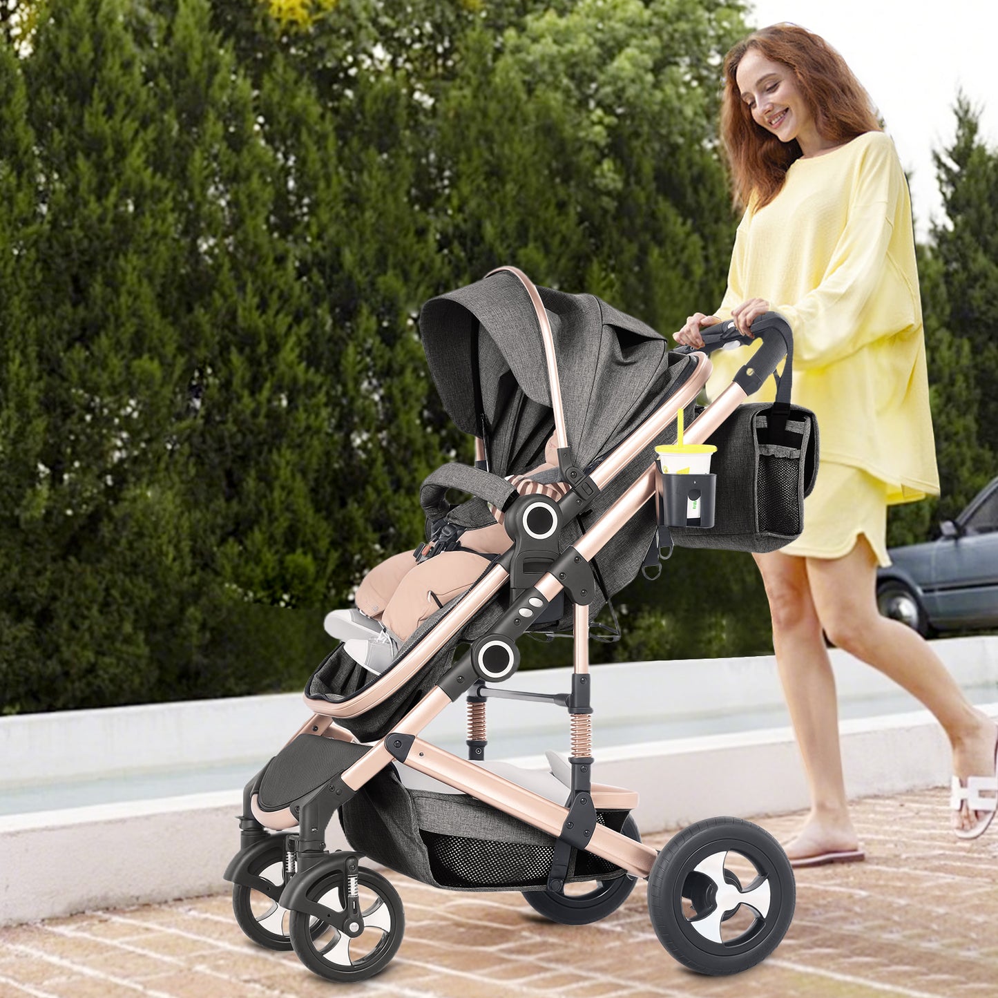 LINLUX 3 in 1 Baby Stroller w/ Diaper Bag & Big Wheel, Infant Pushchair, 23 Pounds, Rose Gold