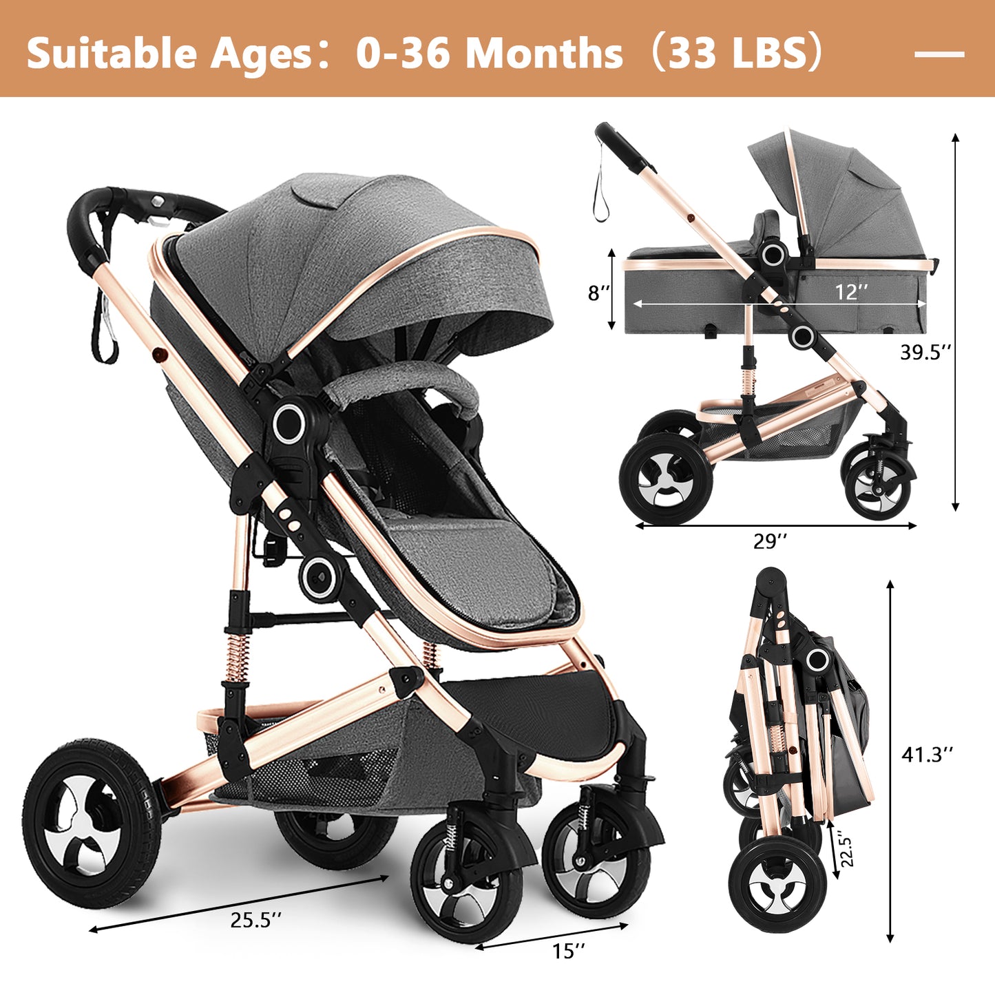 LINLUX 3 in 1 Baby Stroller w/ Diaper Bag & Big Wheel, Infant Pushchair, 23 Pounds, Rose Gold