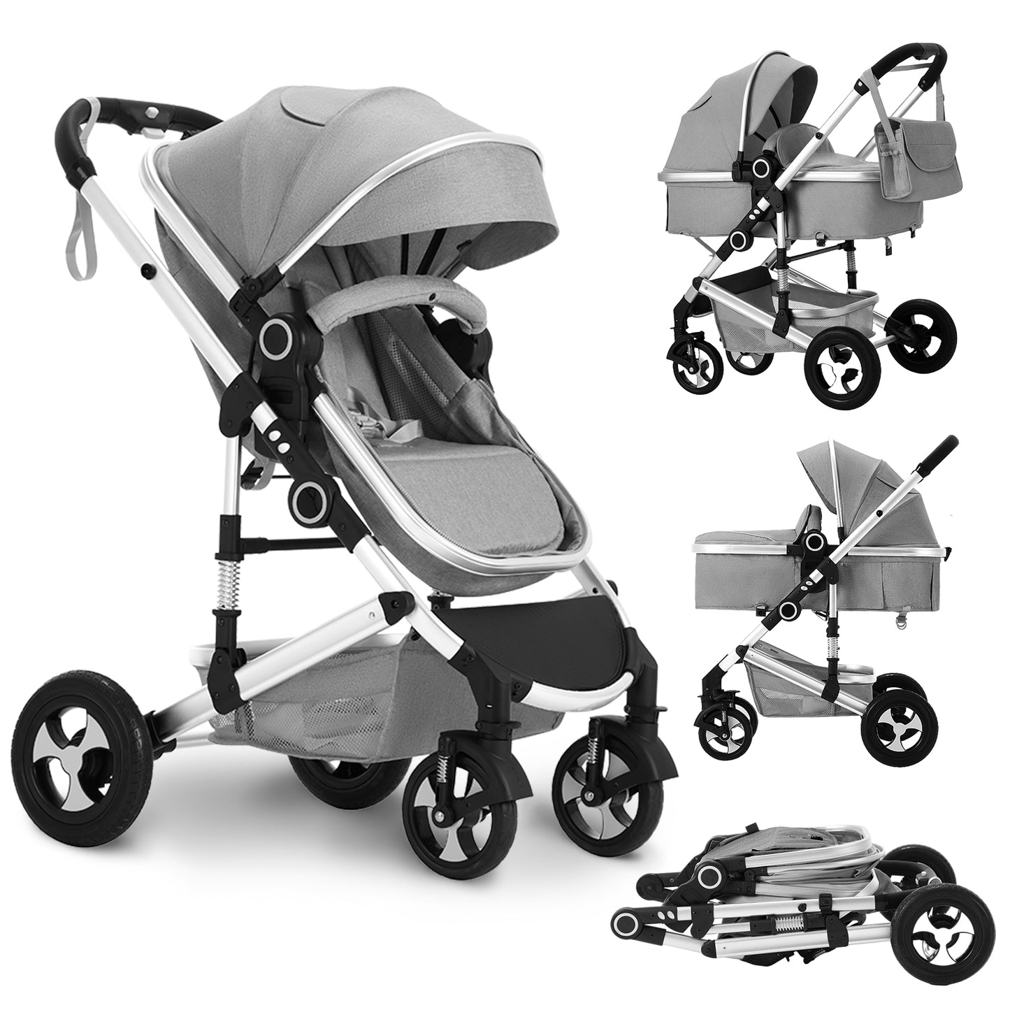 LINLUX 3 in 1 Baby Stroller w/ Diaper Bag & Big Wheel, Infant Pushchair, 23 Pounds, Grey