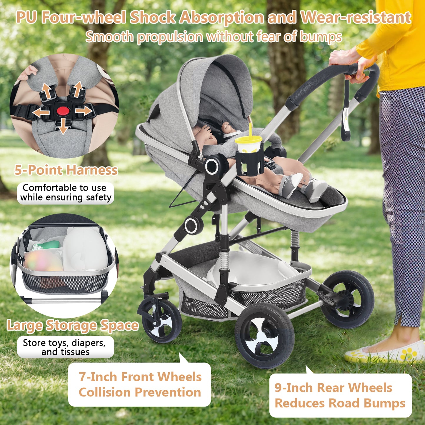 LINLUX 3 in 1 Baby Stroller w/ Diaper Bag & Big Wheel, Infant Pushchair, 23 Pounds, Grey