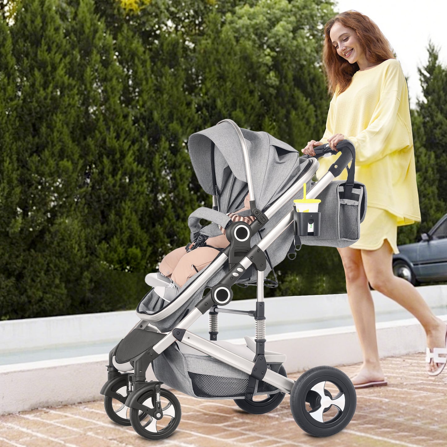 LINLUX 3 in 1 Baby Stroller w/ Diaper Bag & Big Wheel, Infant Pushchair, 23 Pounds, Grey