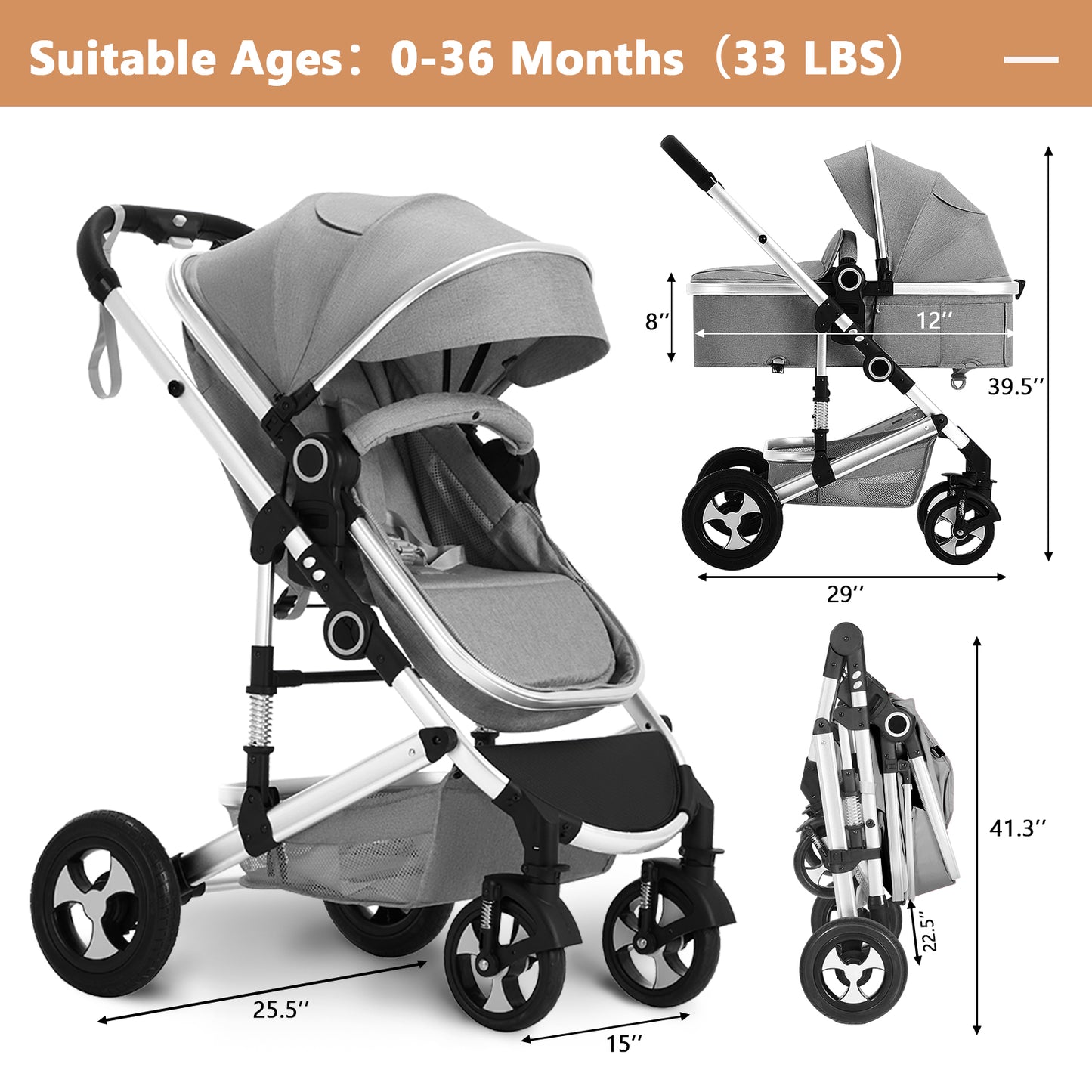 LINLUX 3 in 1 Baby Stroller w/ Diaper Bag & Big Wheel, Infant Pushchair, 23 Pounds, Grey
