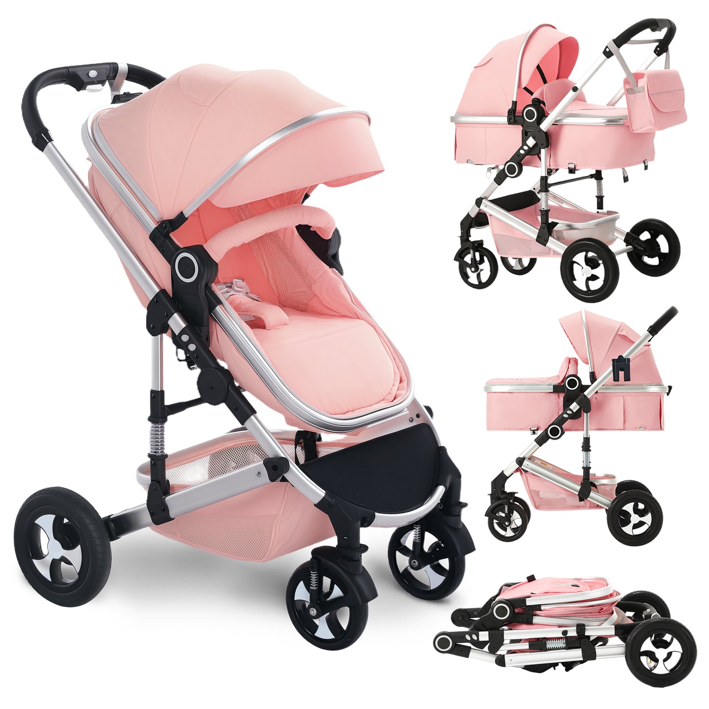 LINLUX 3 in 1 Baby Stroller w/ Diaper Bag & Big Wheel, Infant Pushchair, 23 Pounds, Pink