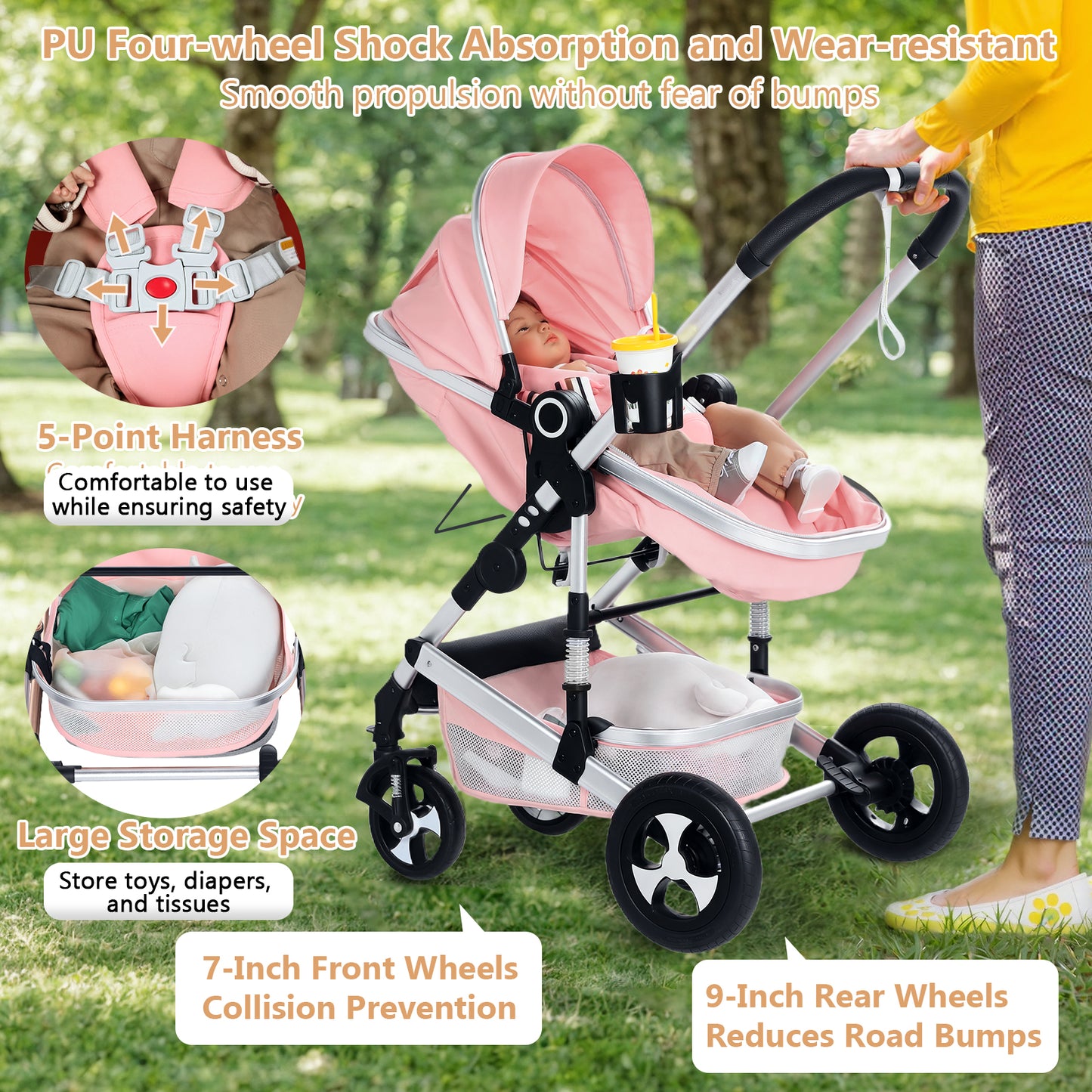 LINLUX 3 in 1 Baby Stroller w/ Diaper Bag & Big Wheel, Infant Pushchair, 23 Pounds, Pink